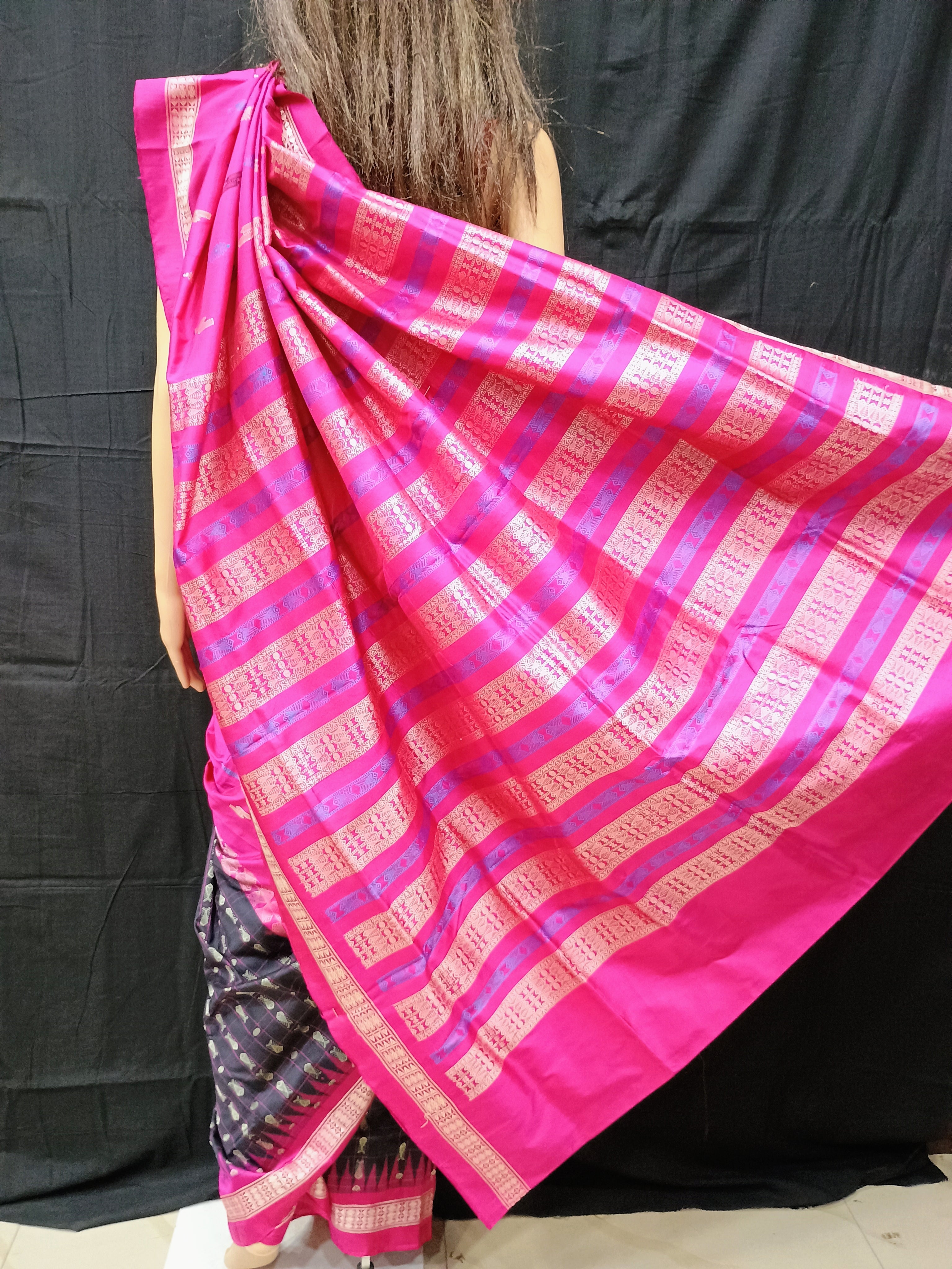 Black Magenta Patly Hazar Buti Bomkai Silk Saree
