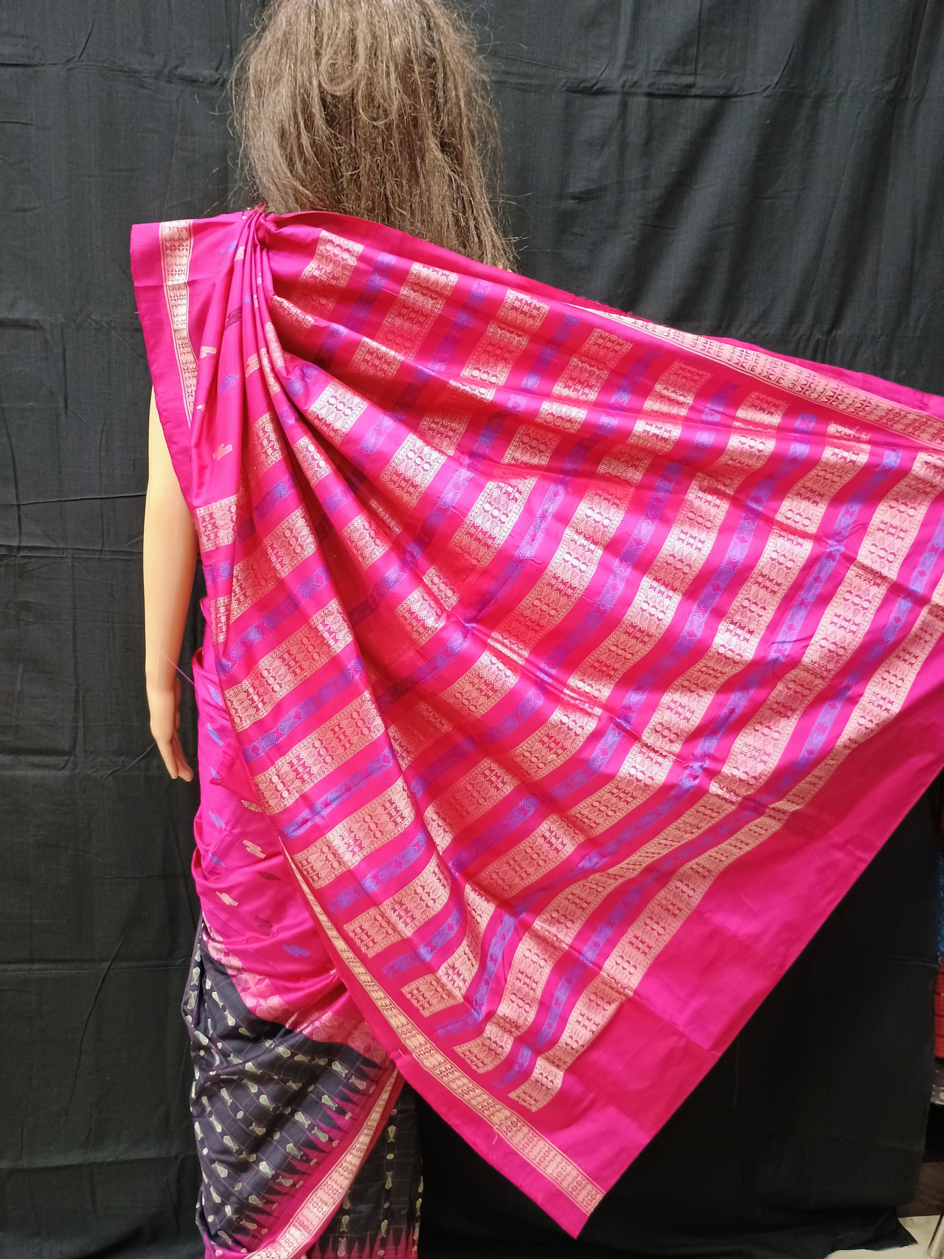 Black Magenta Patly Hazar Buti Bomkai Silk Saree