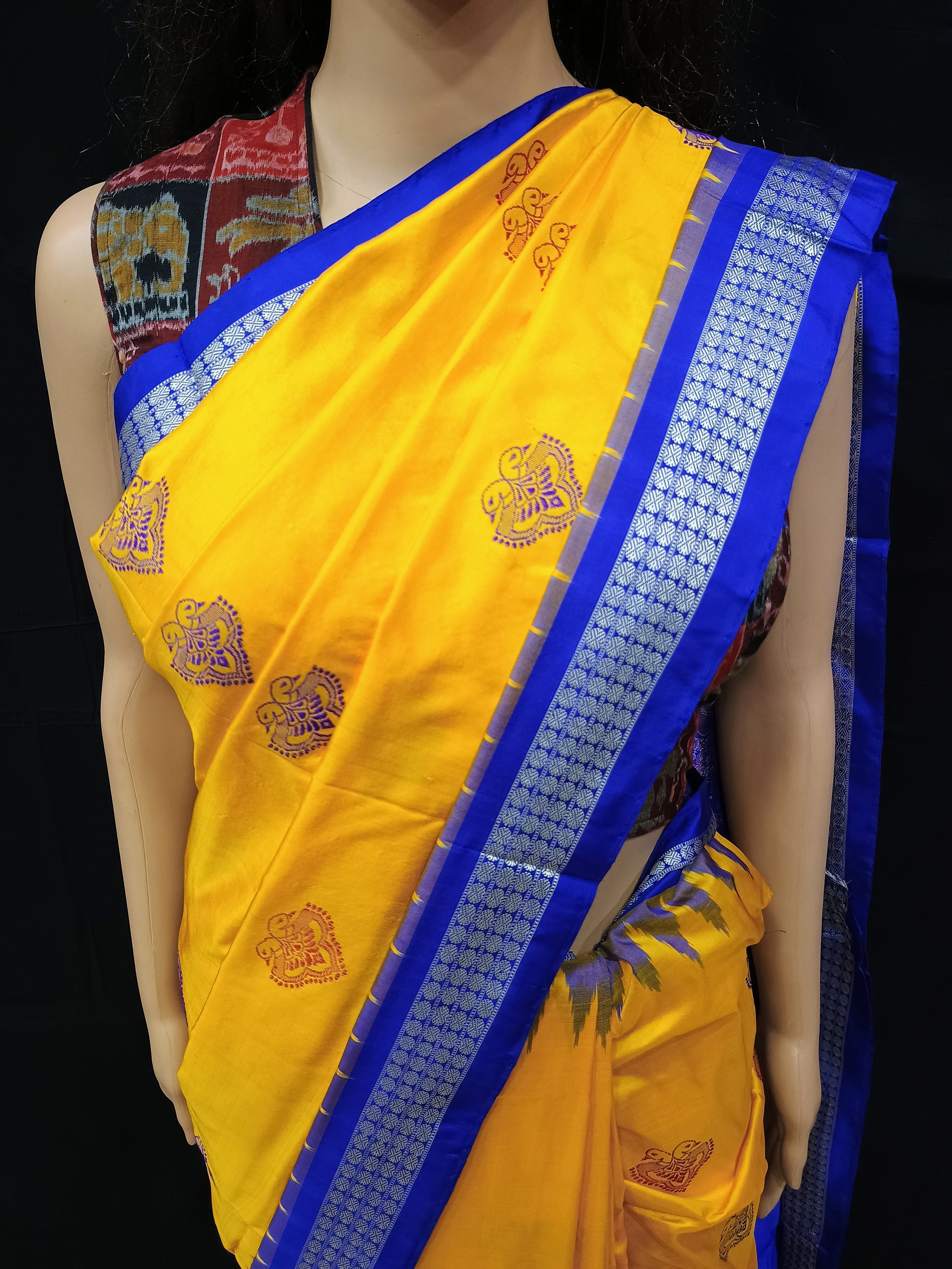 Yellow Blue Dual Peacock Head Bomkai Silk Saree