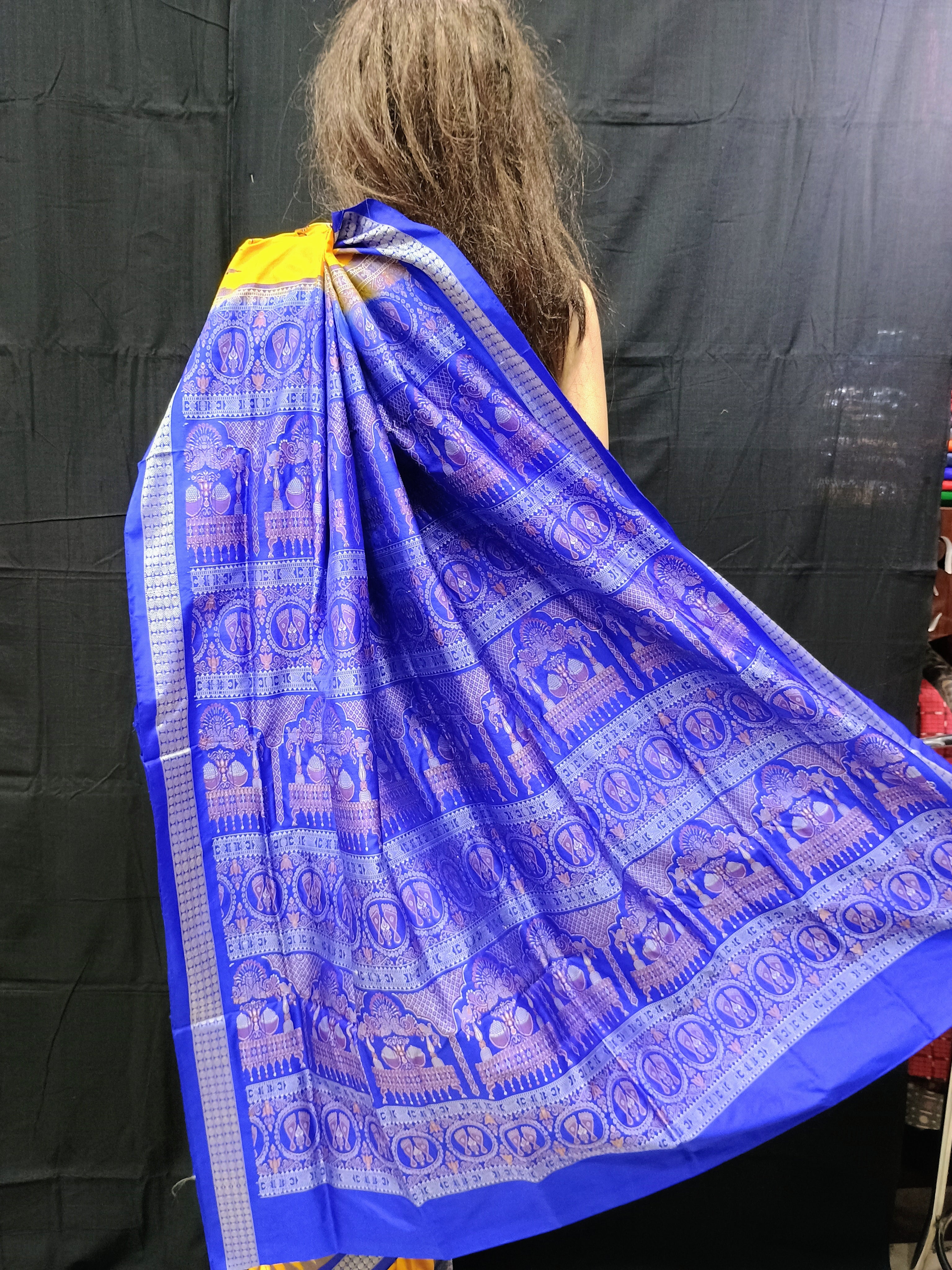 Yellow Blue Dual Peacock Head Bomkai Silk Saree