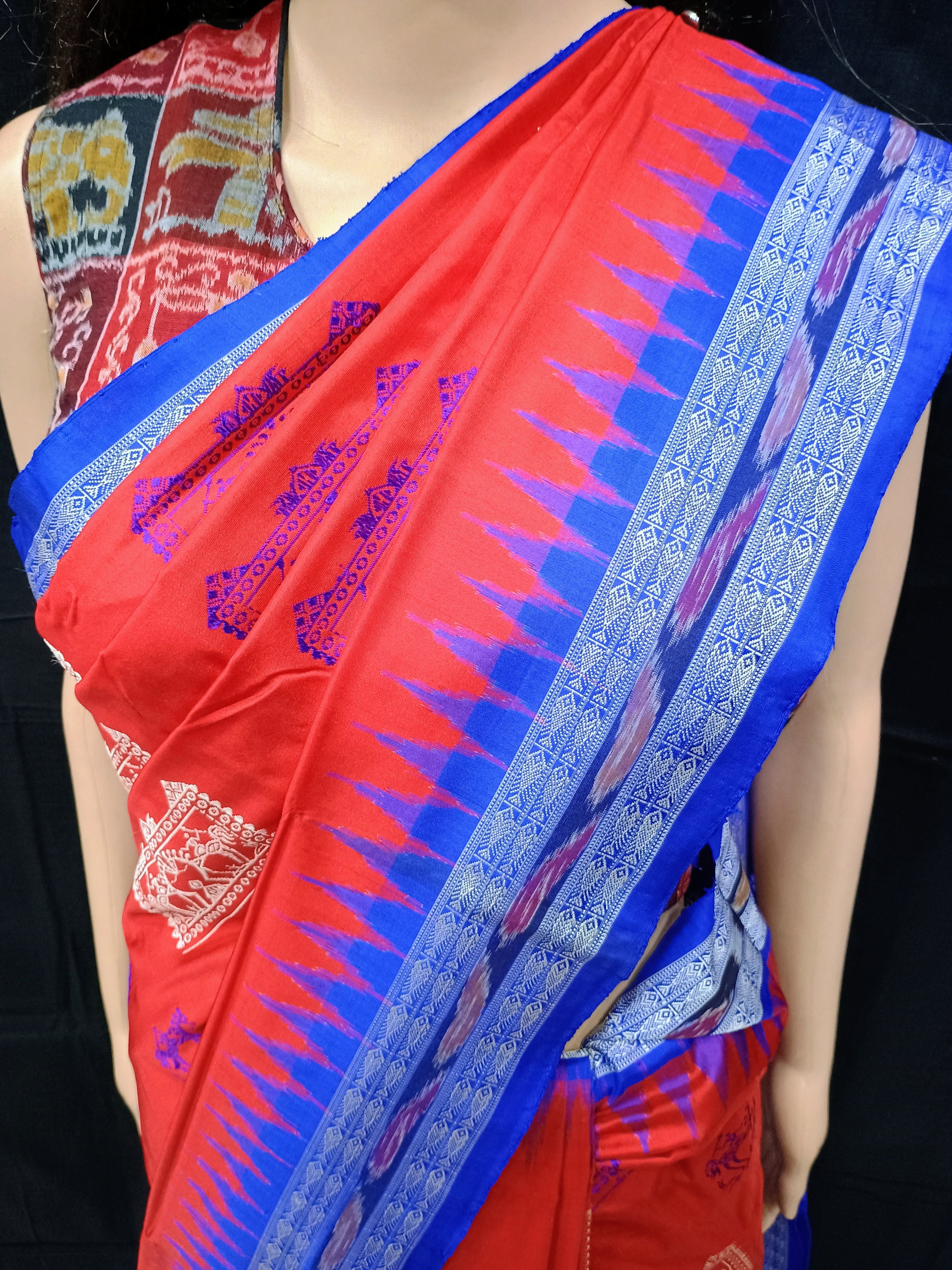 Red Blue Teracota Odisha Handloom Bomkai Silk Saree