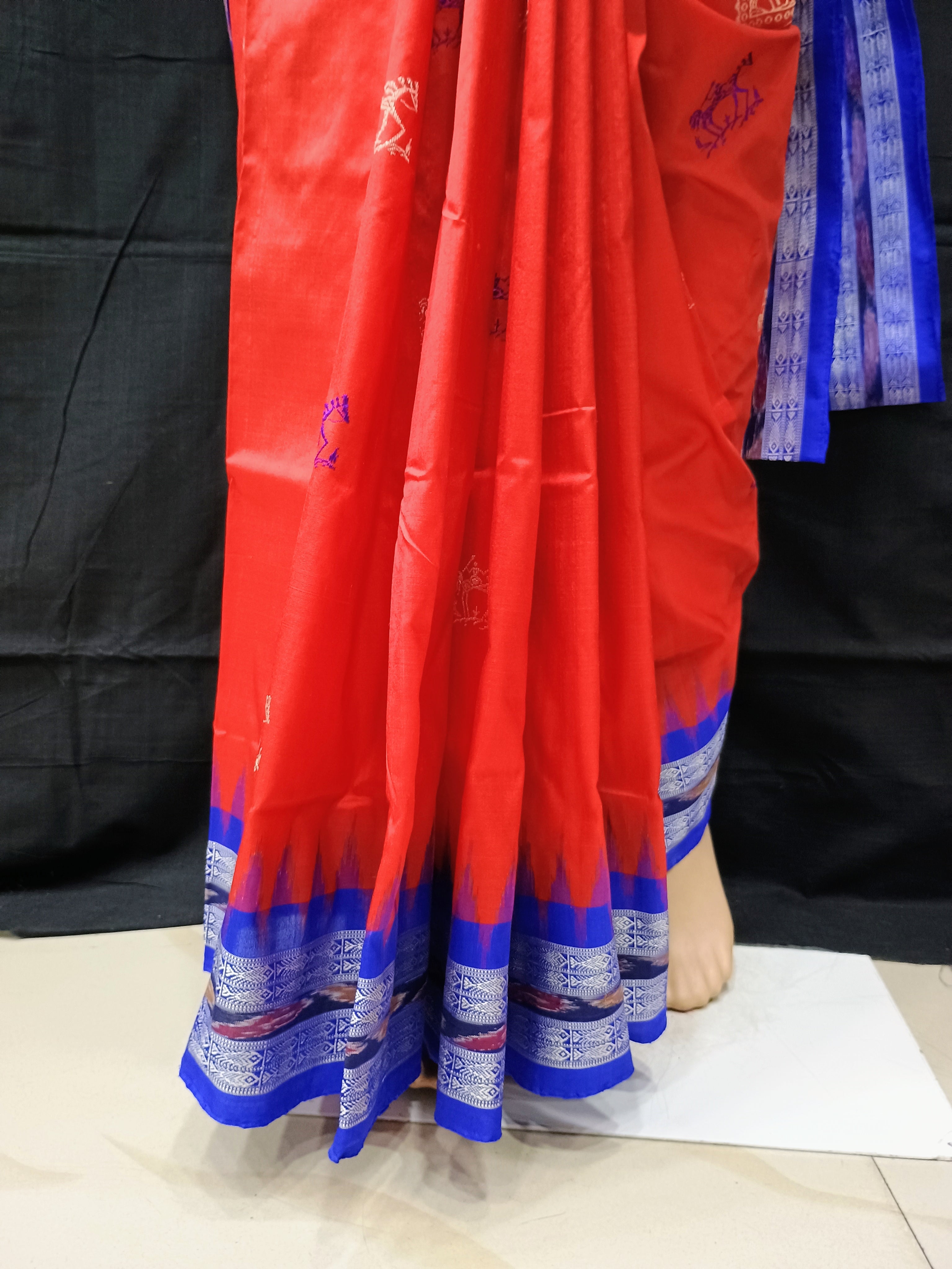 Red Blue Teracota Odisha Handloom Bomkai Silk Saree