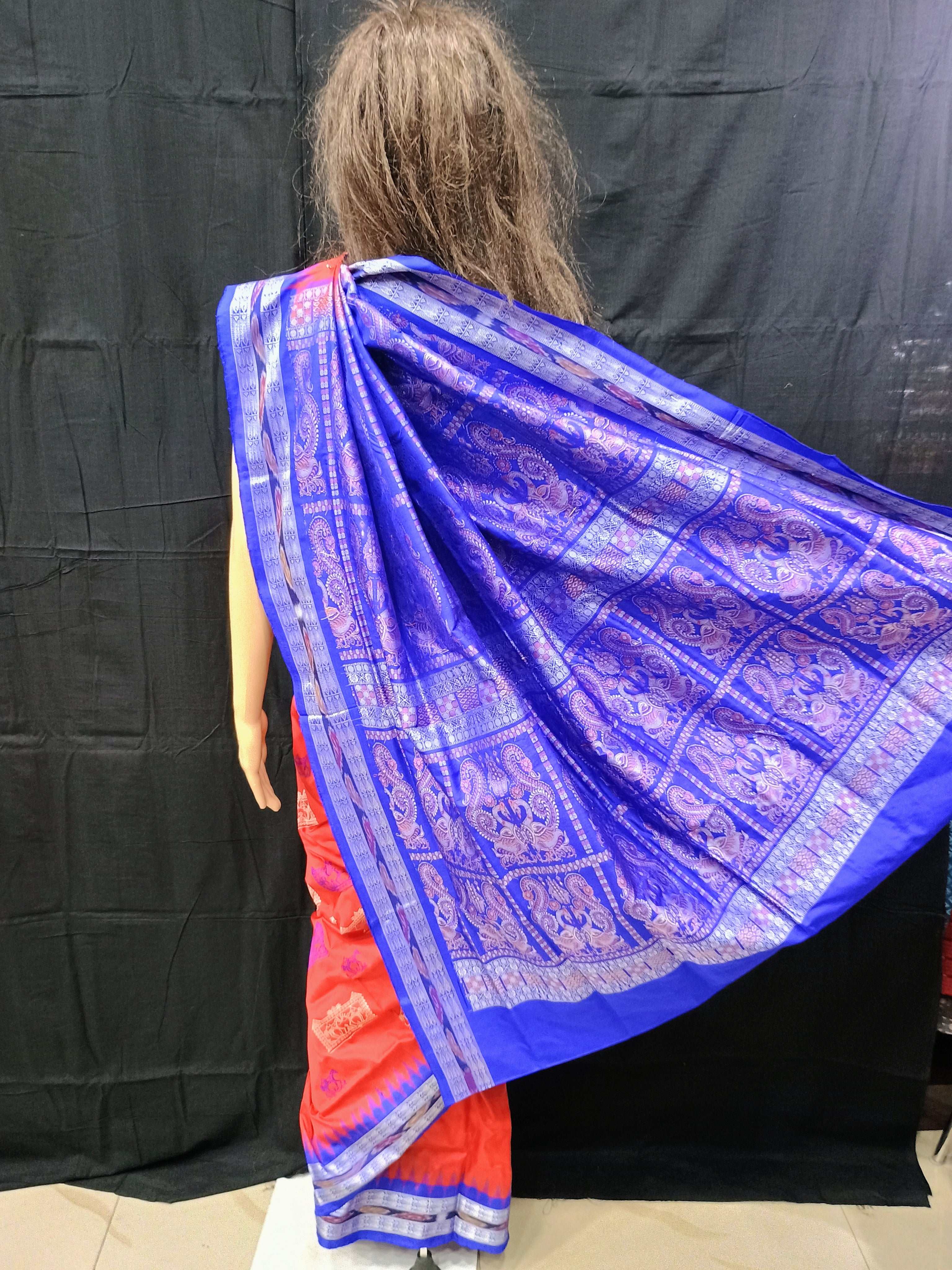 Red Blue Teracota Odisha Handloom Bomkai Silk Saree