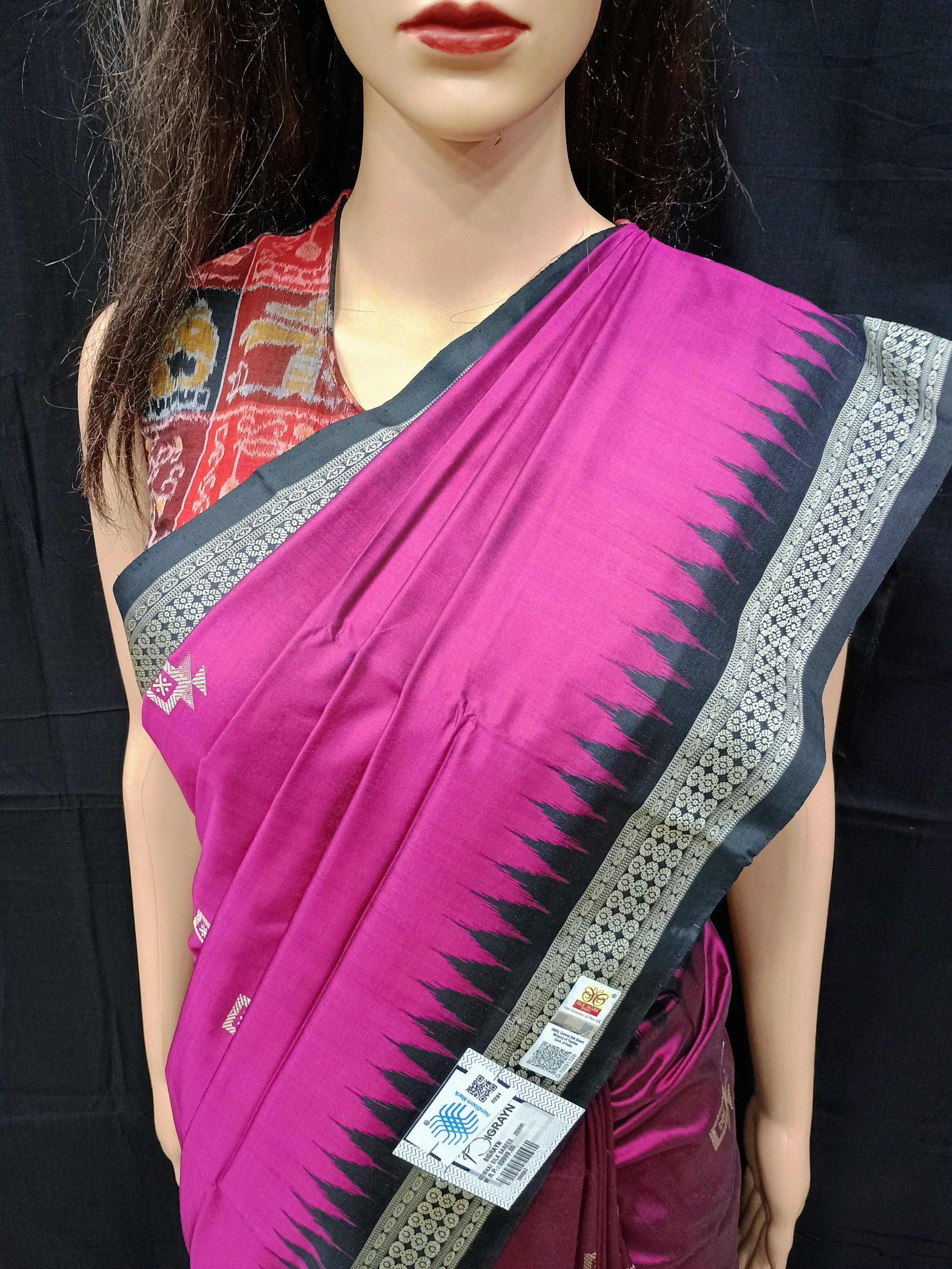 Magenta Black Kite Design Odisha Handloom Bomkai Silk Saree