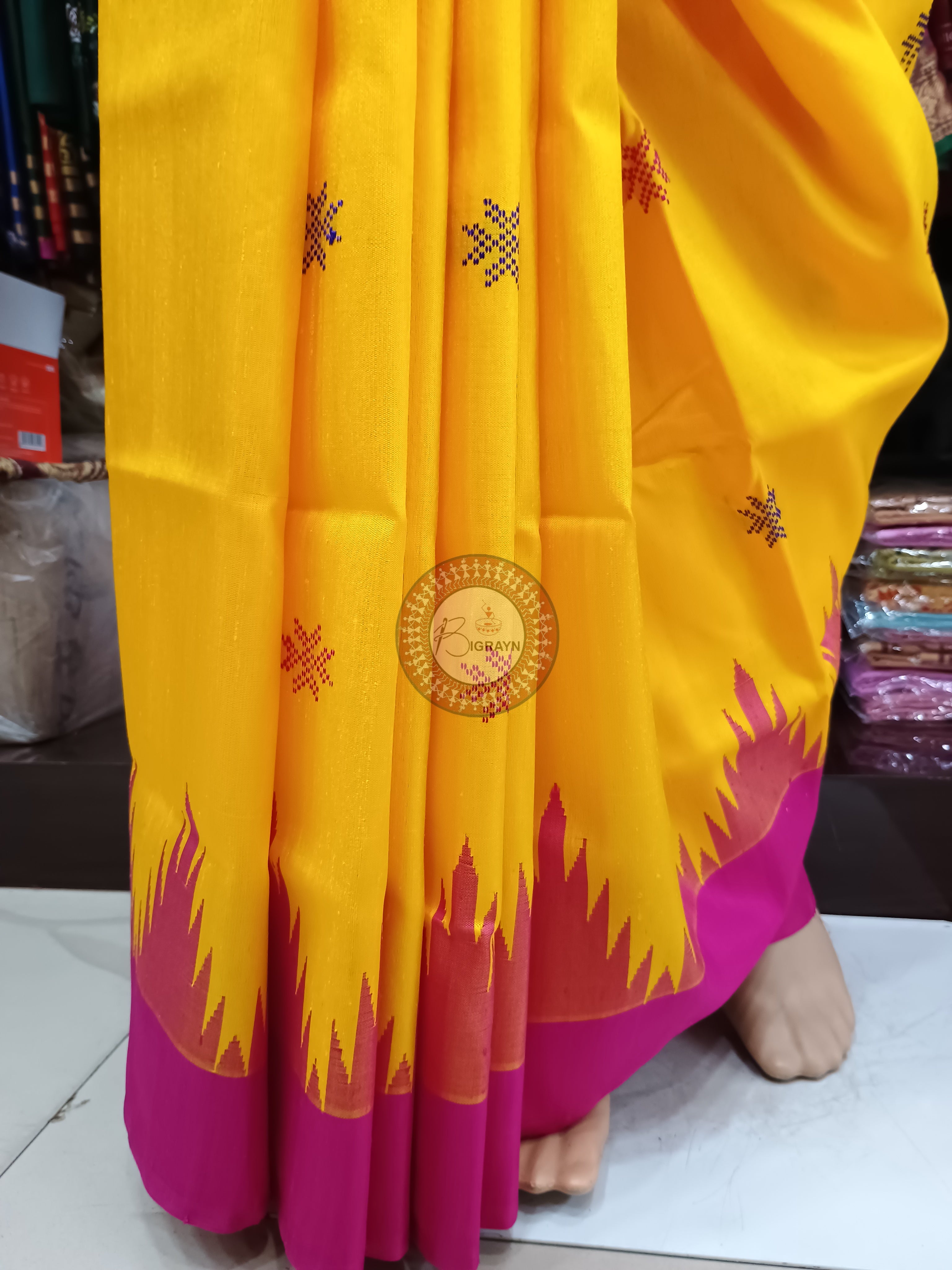 Blue Yellow Double Anchal Berhampuri Silk Saree