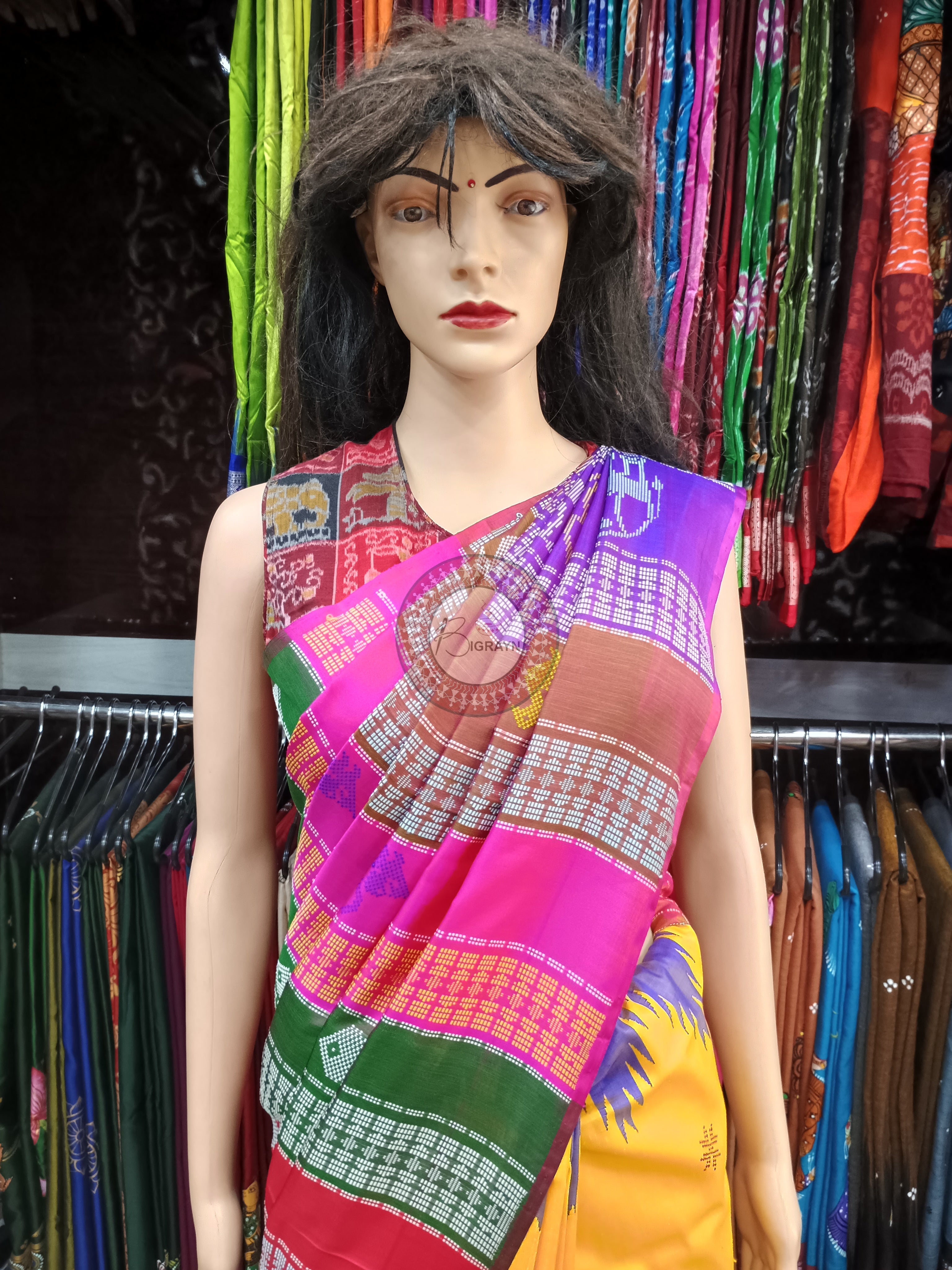 Blue Yellow Double Anchal Berhampuri Silk Saree