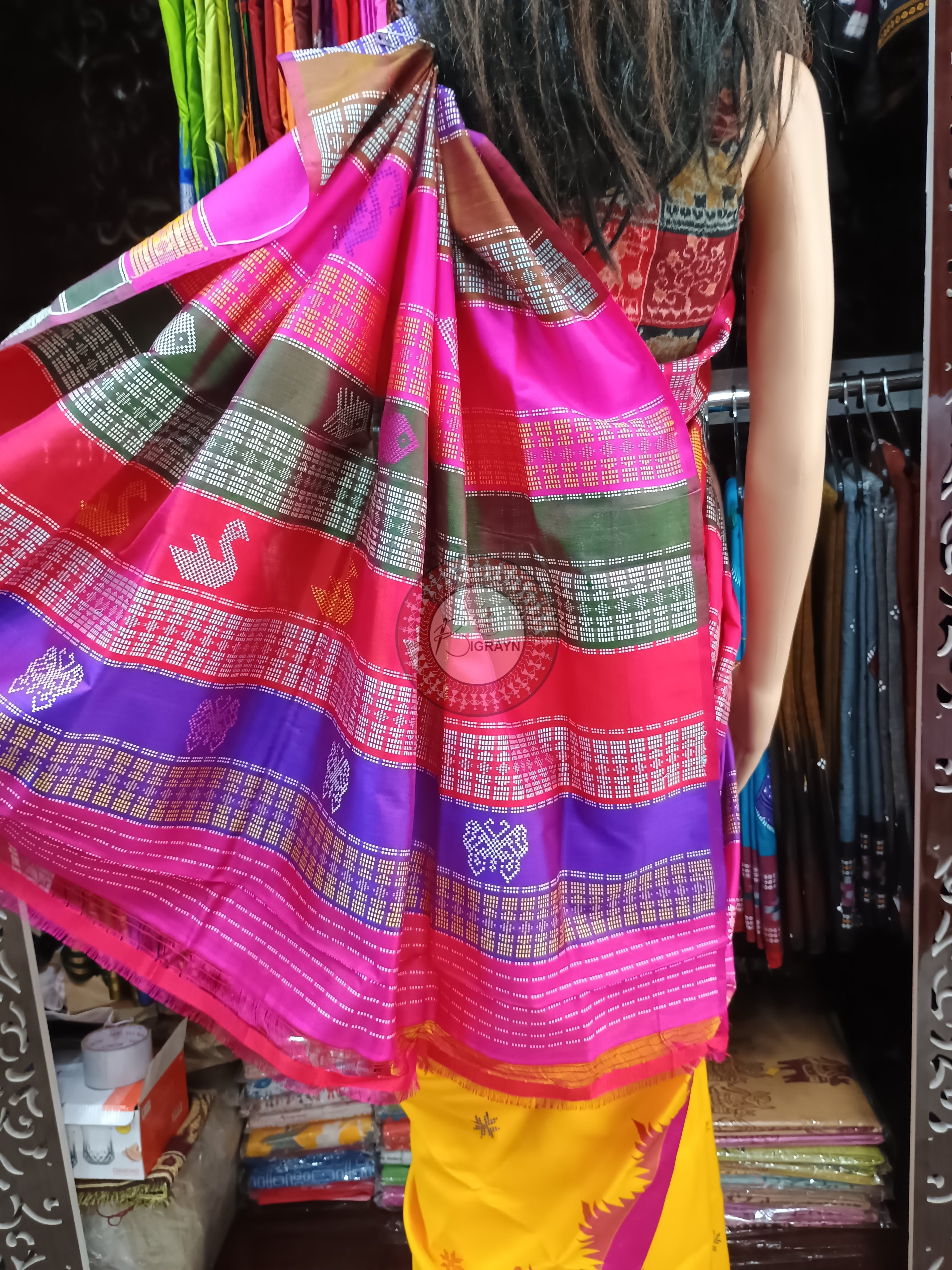 Blue Yellow Double Anchal Berhampuri Silk Saree