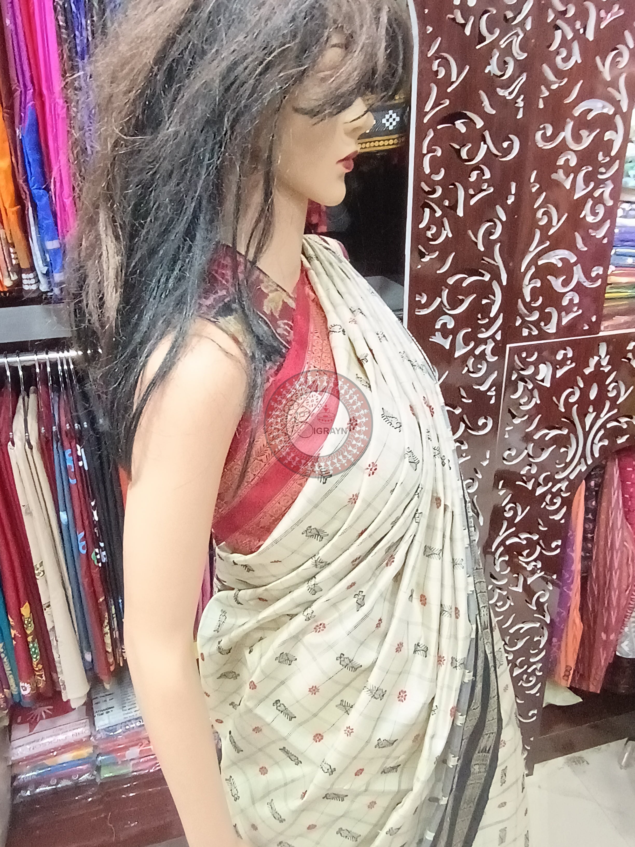 Off White Ganga Jamuna Border Phoda Kumbha Tusser Silk Saree