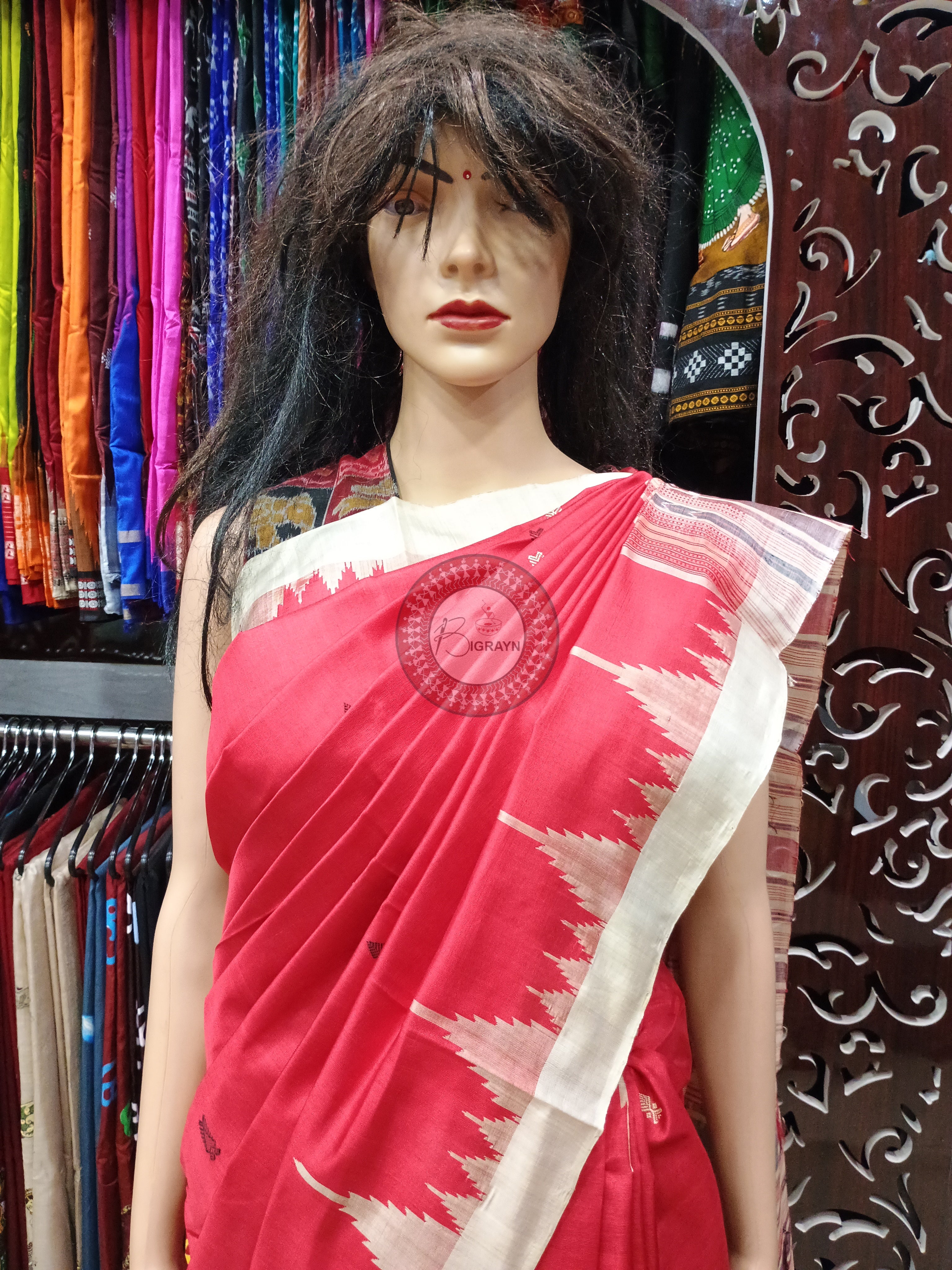 Red Off White Phoda Kumbha Tusser Silk Saree