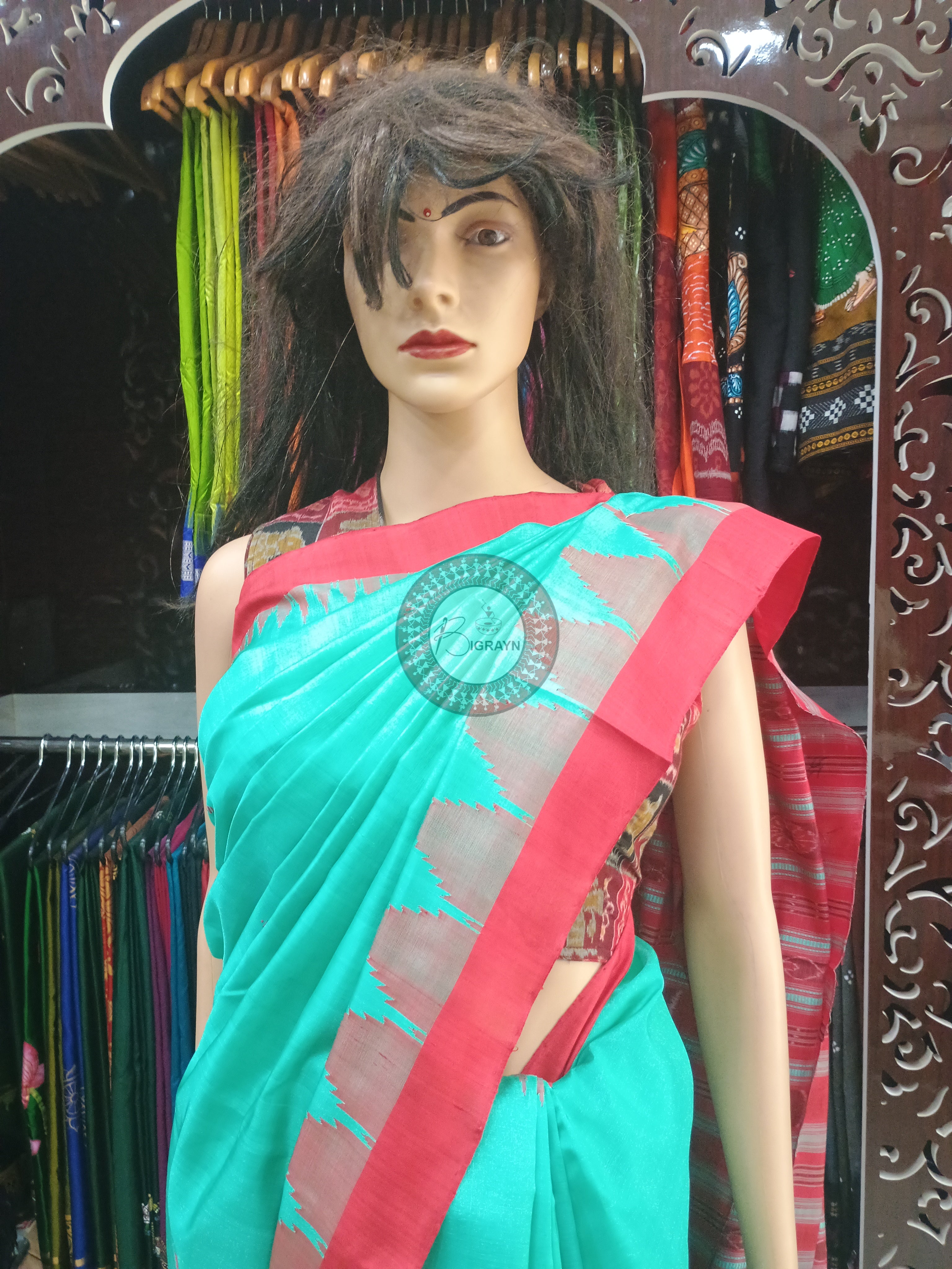 Sea Green Red Phoda Kumbha Tusser Silk Saree