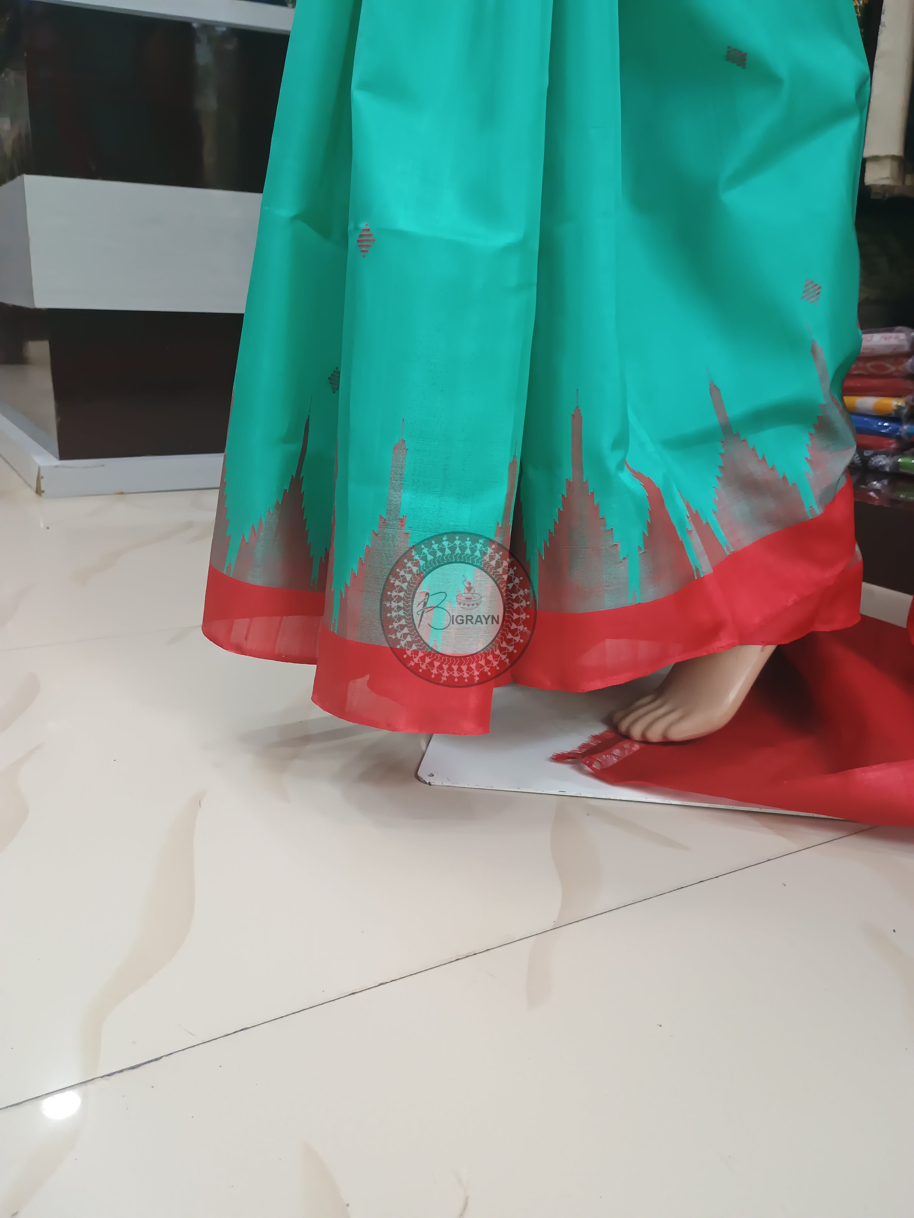 Sea Green Red Phoda Kumbha Tusser Silk Saree