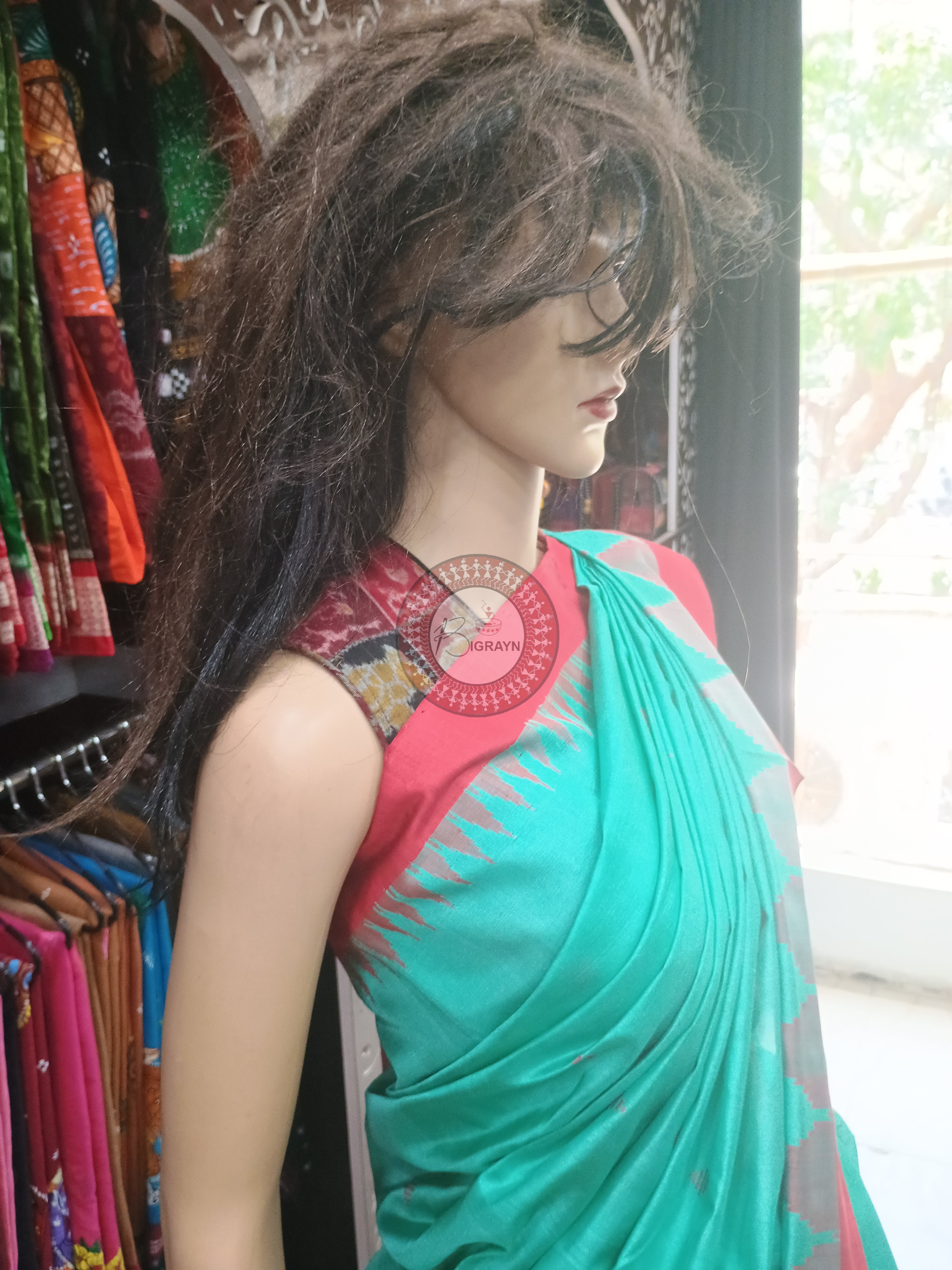 Sea Green Red Phoda Kumbha Tusser Silk Saree
