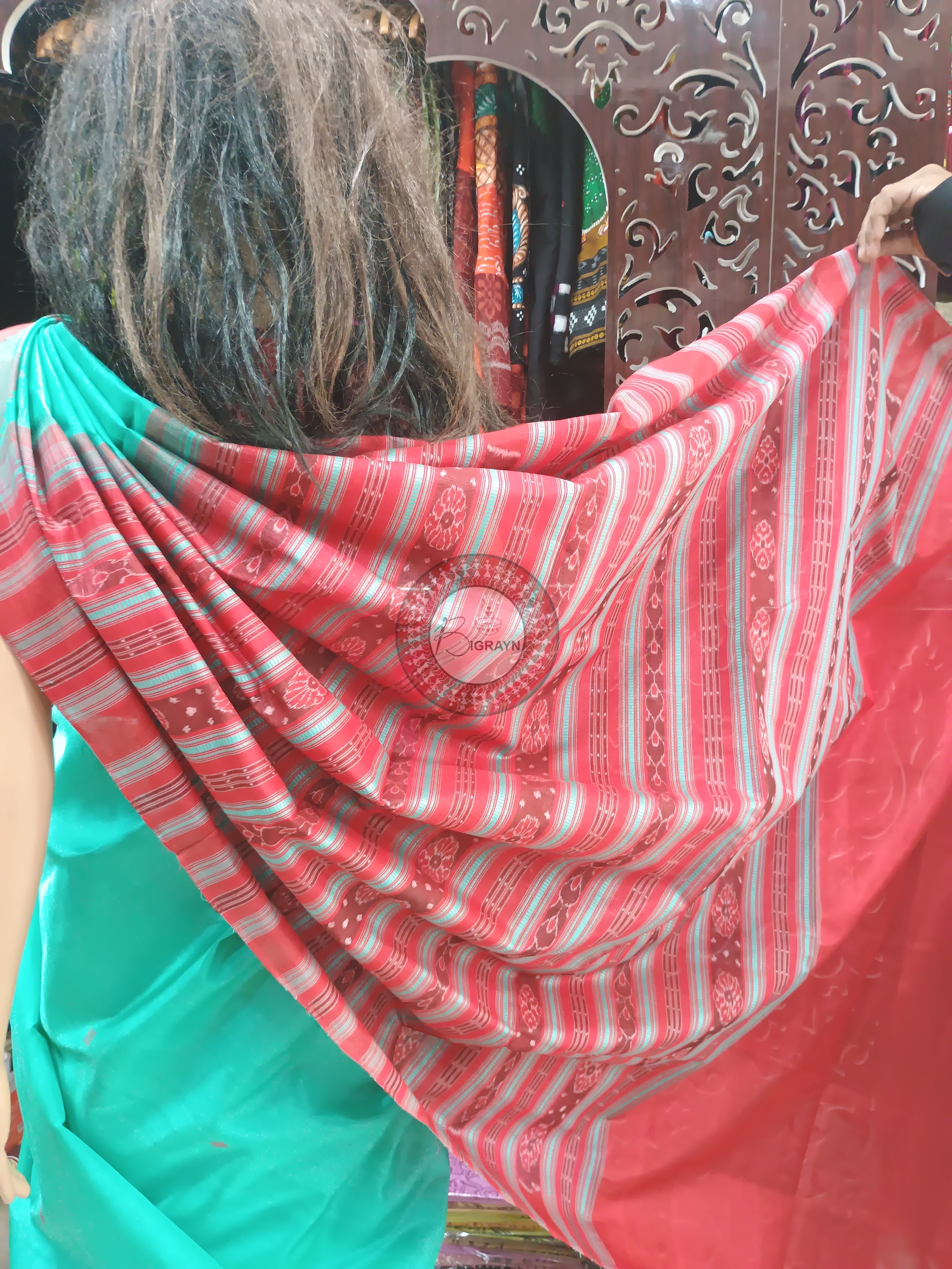 Sea Green Red Phoda Kumbha Tusser Silk Saree
