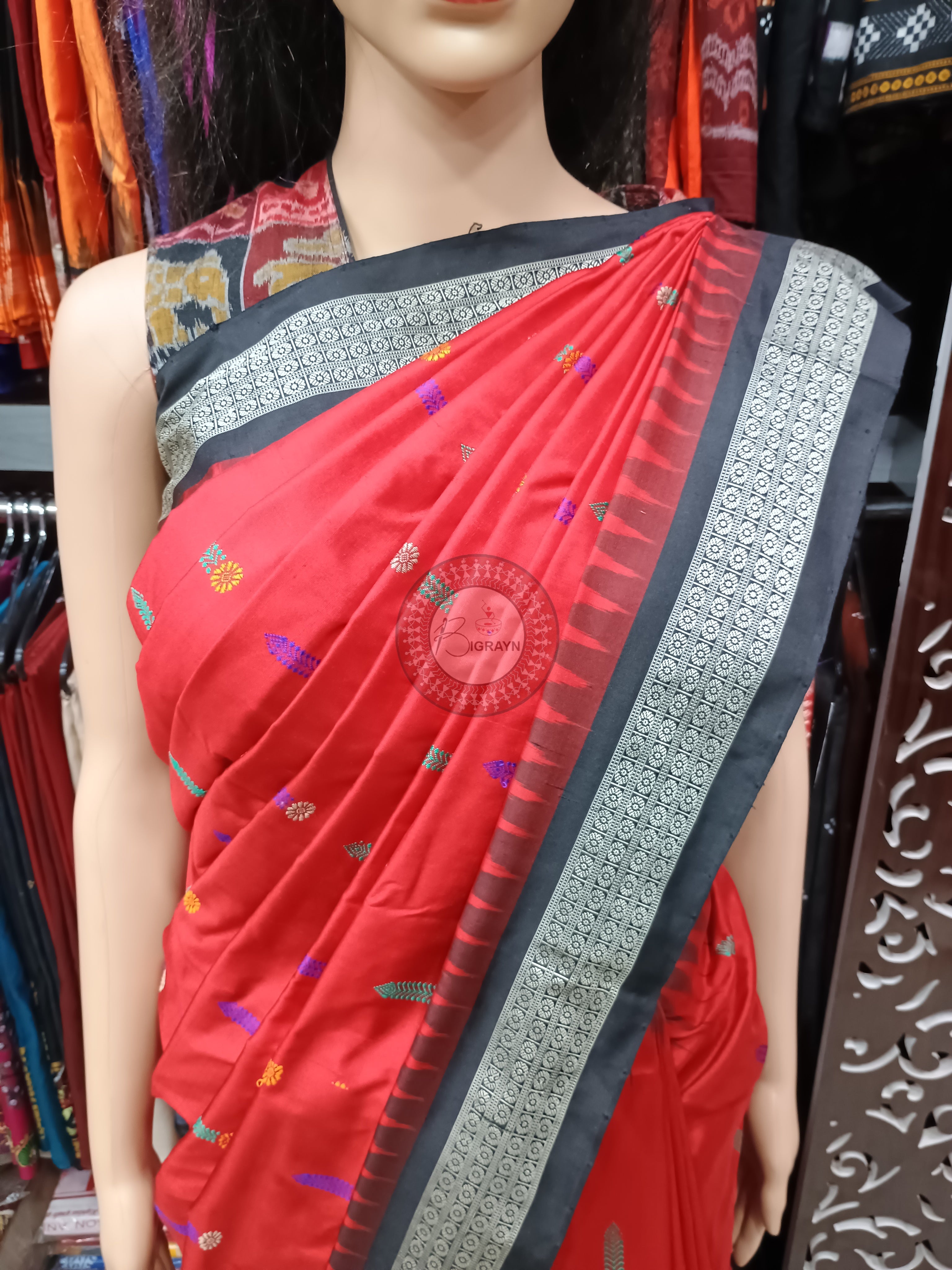 Red Black Panjuri Bomkai Silk Saree