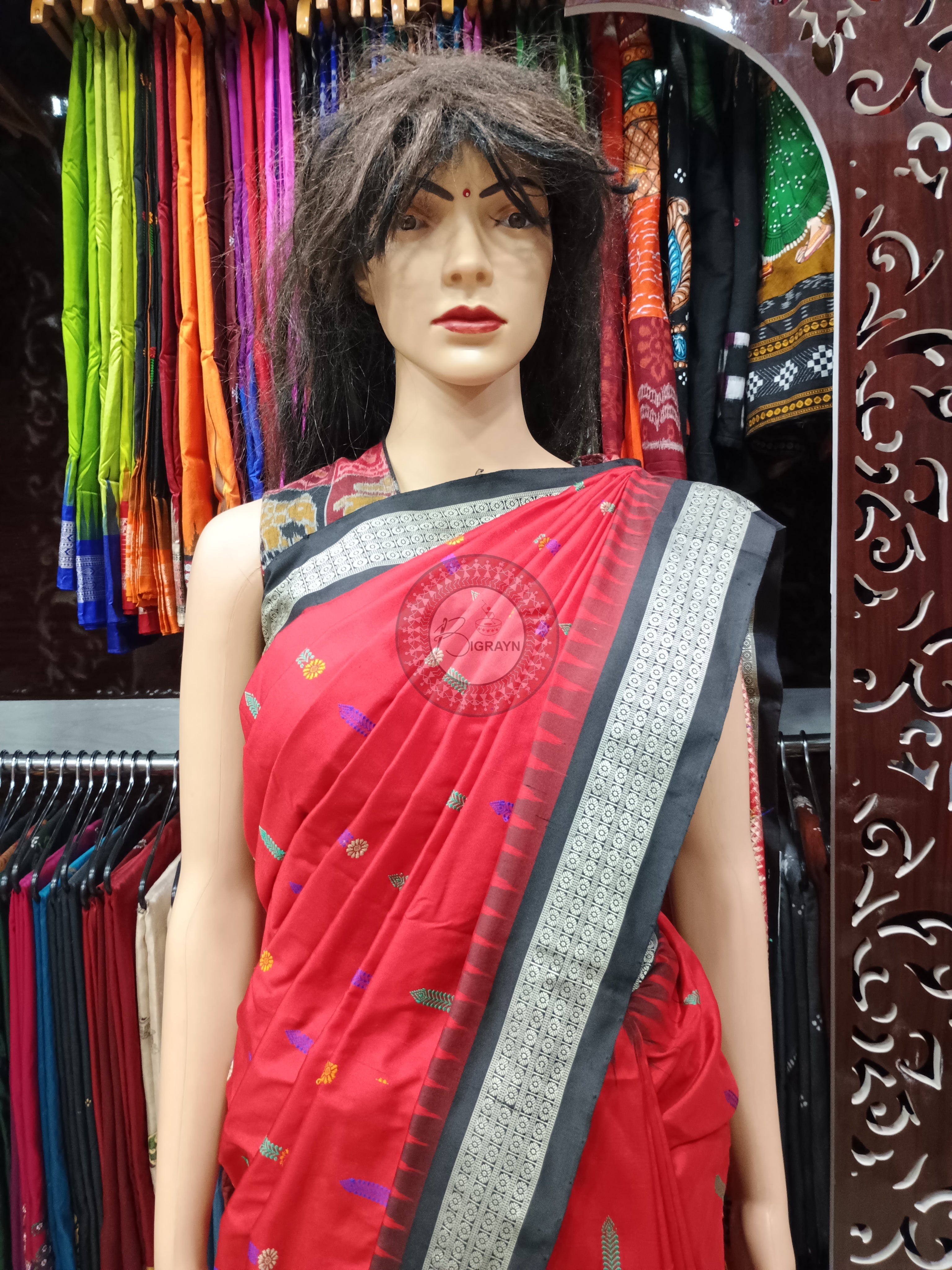 Red Black Panjuri Bomkai Silk Saree