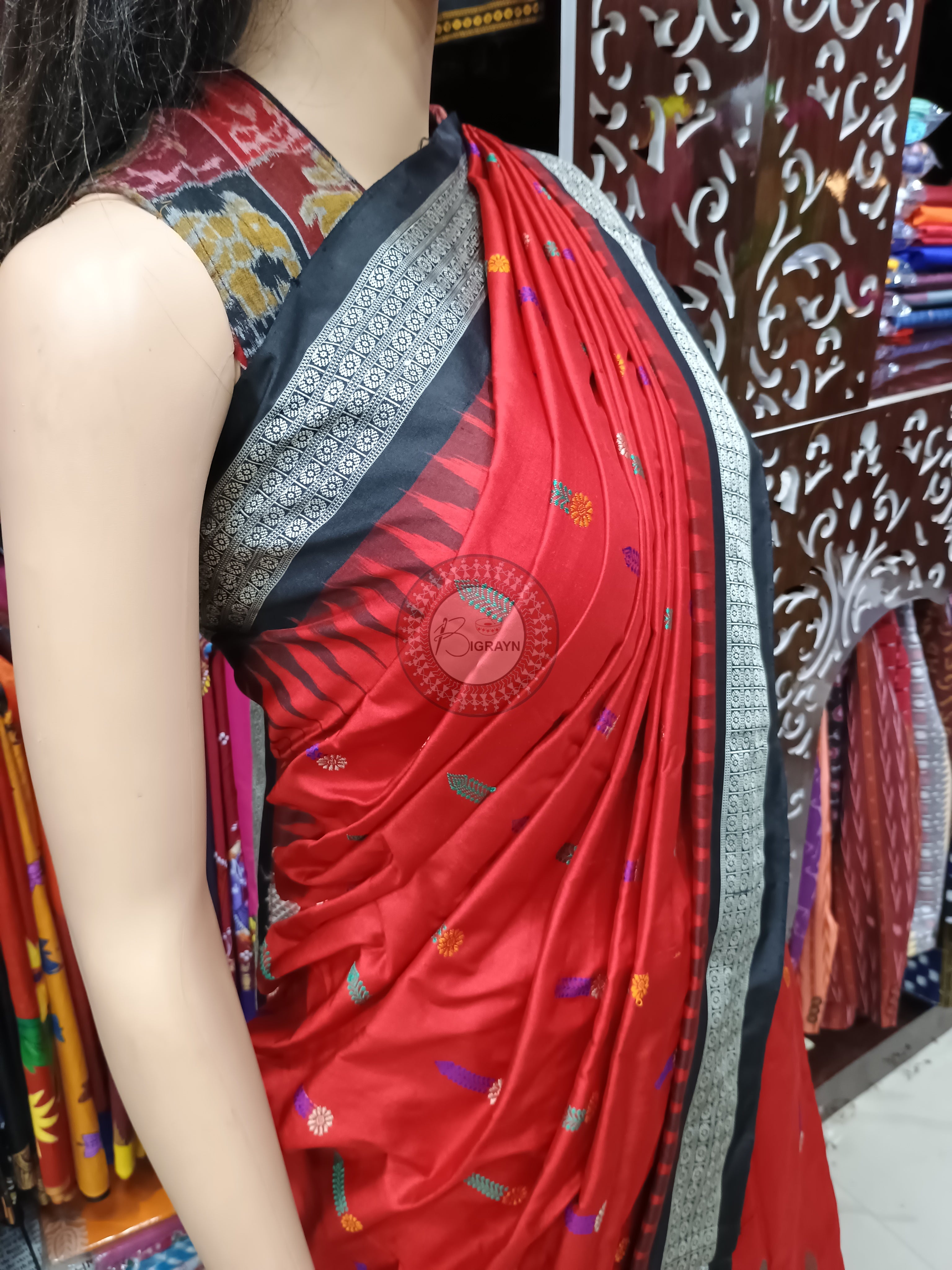 Red Black Panjuri Bomkai Silk Saree