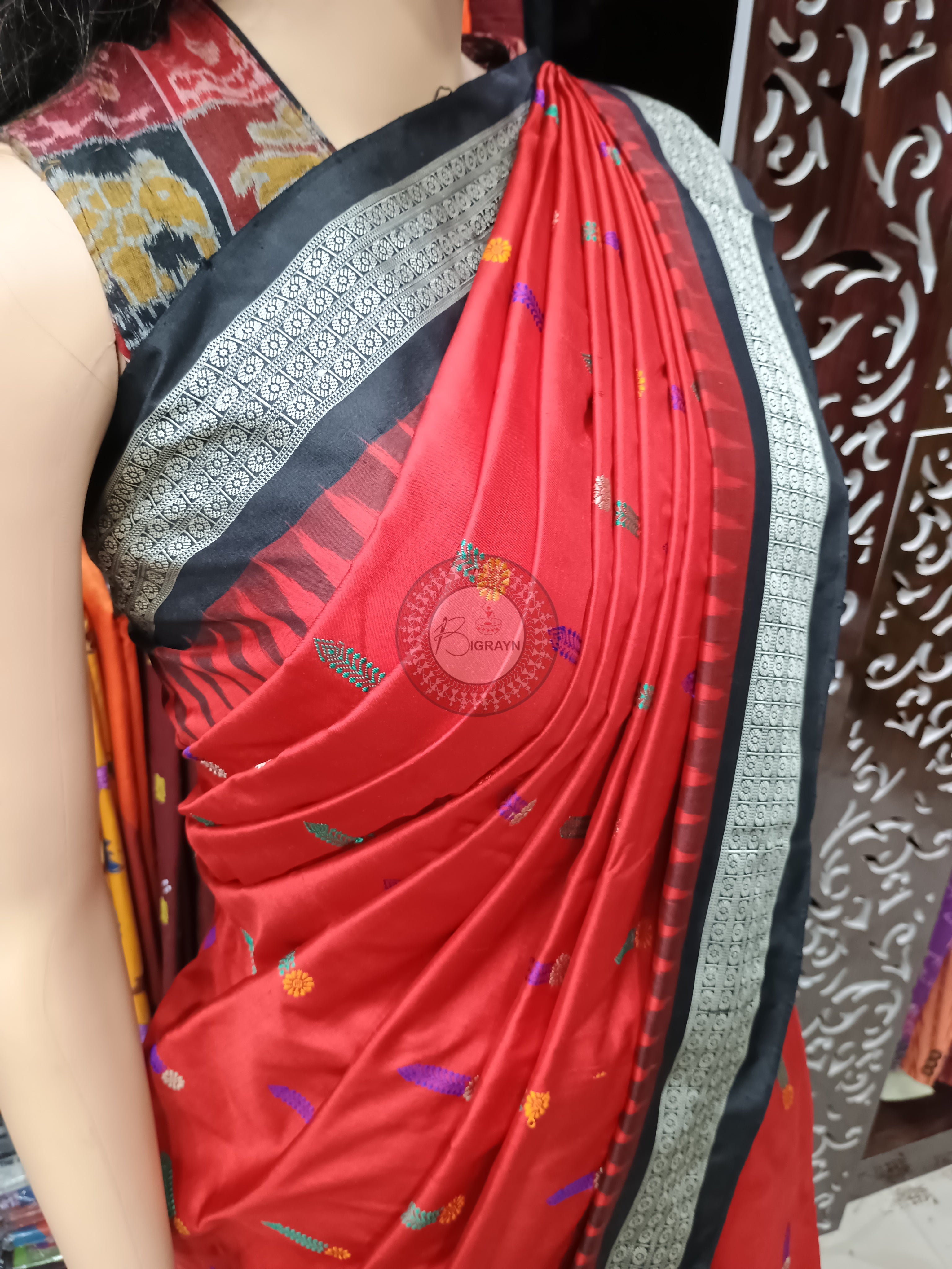 Red Black Panjuri Bomkai Silk Saree