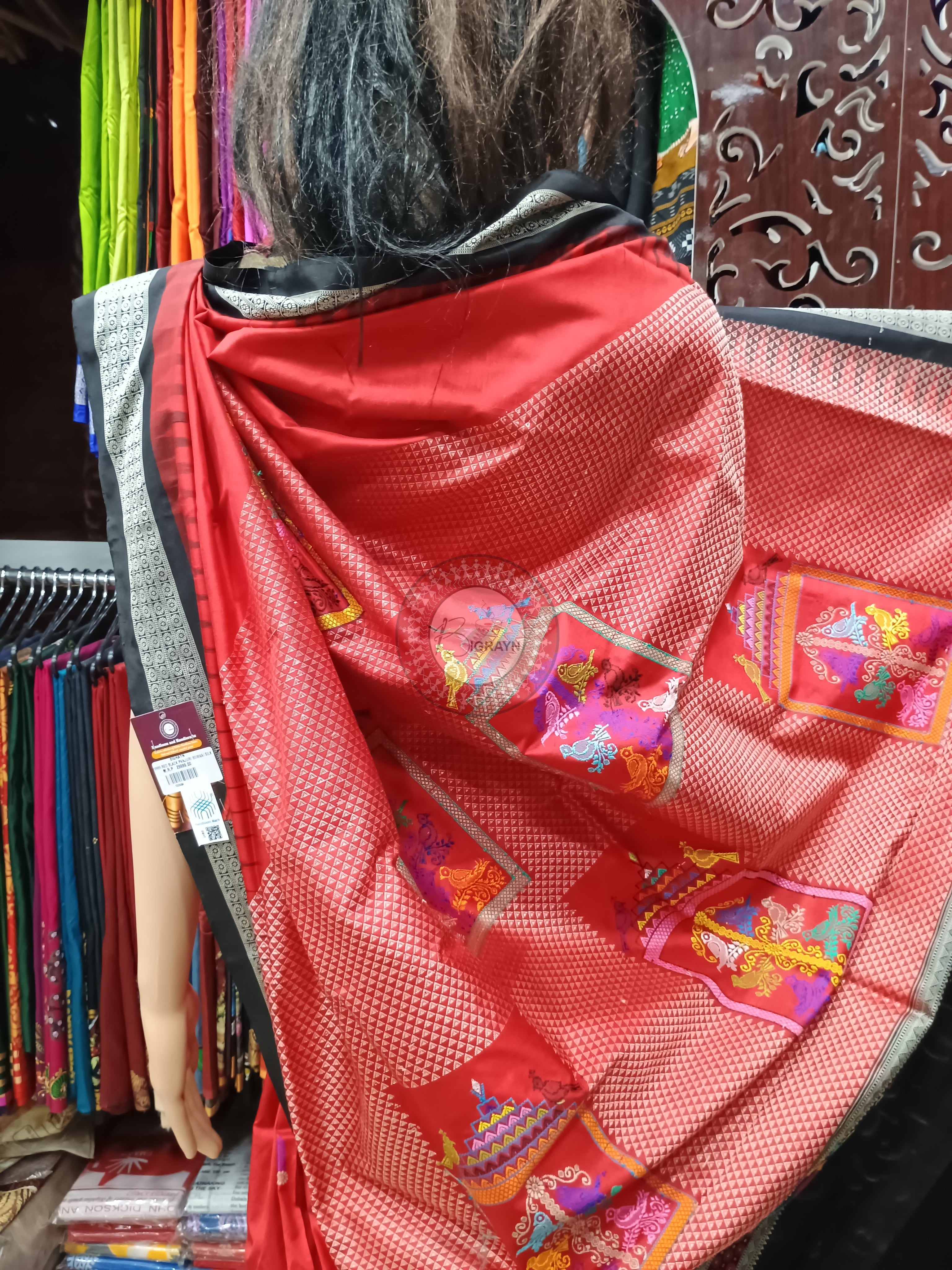 Red Black Panjuri Bomkai Silk Saree