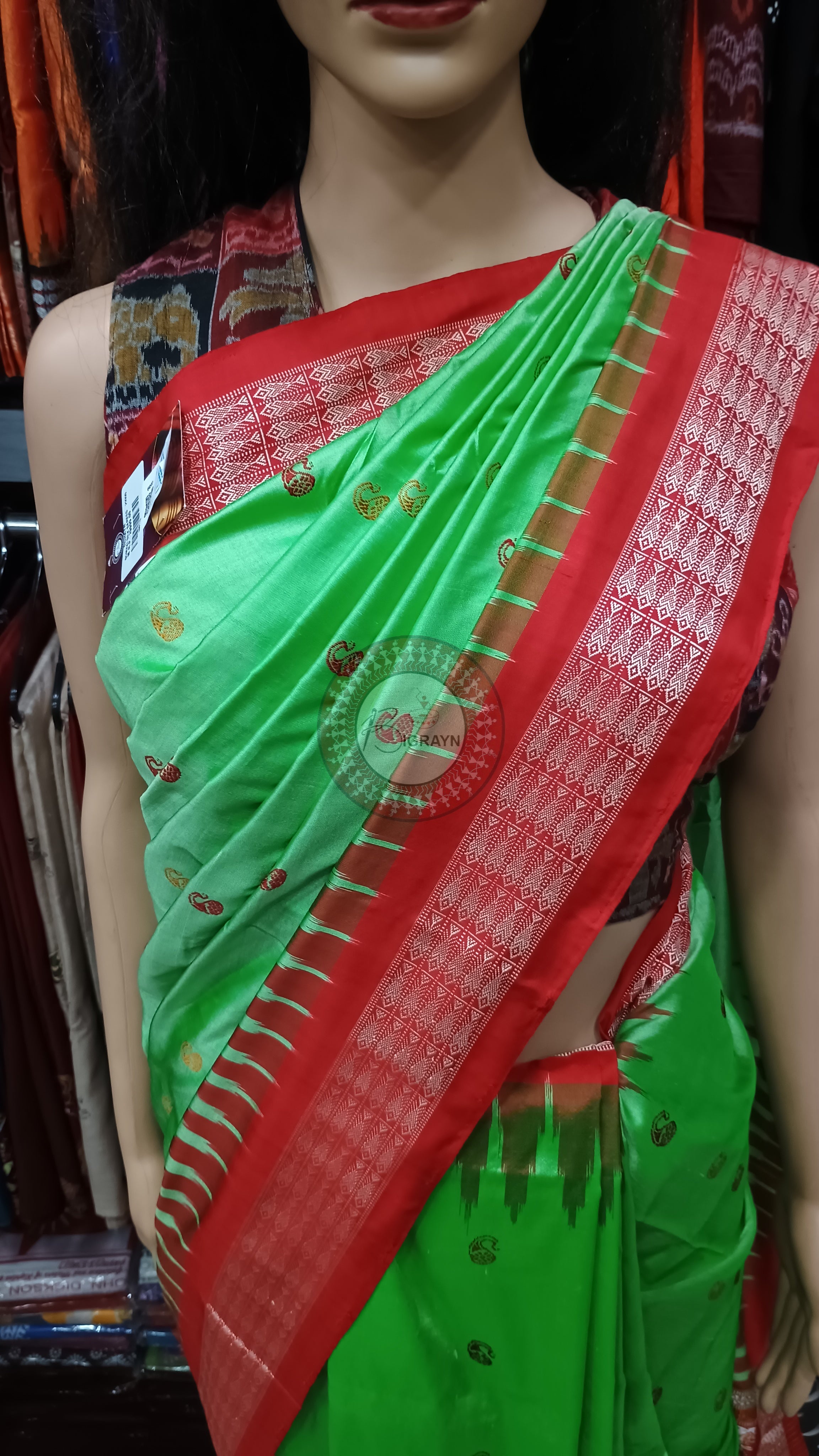 Green Red Parsley Design Bomkai Silk Saree