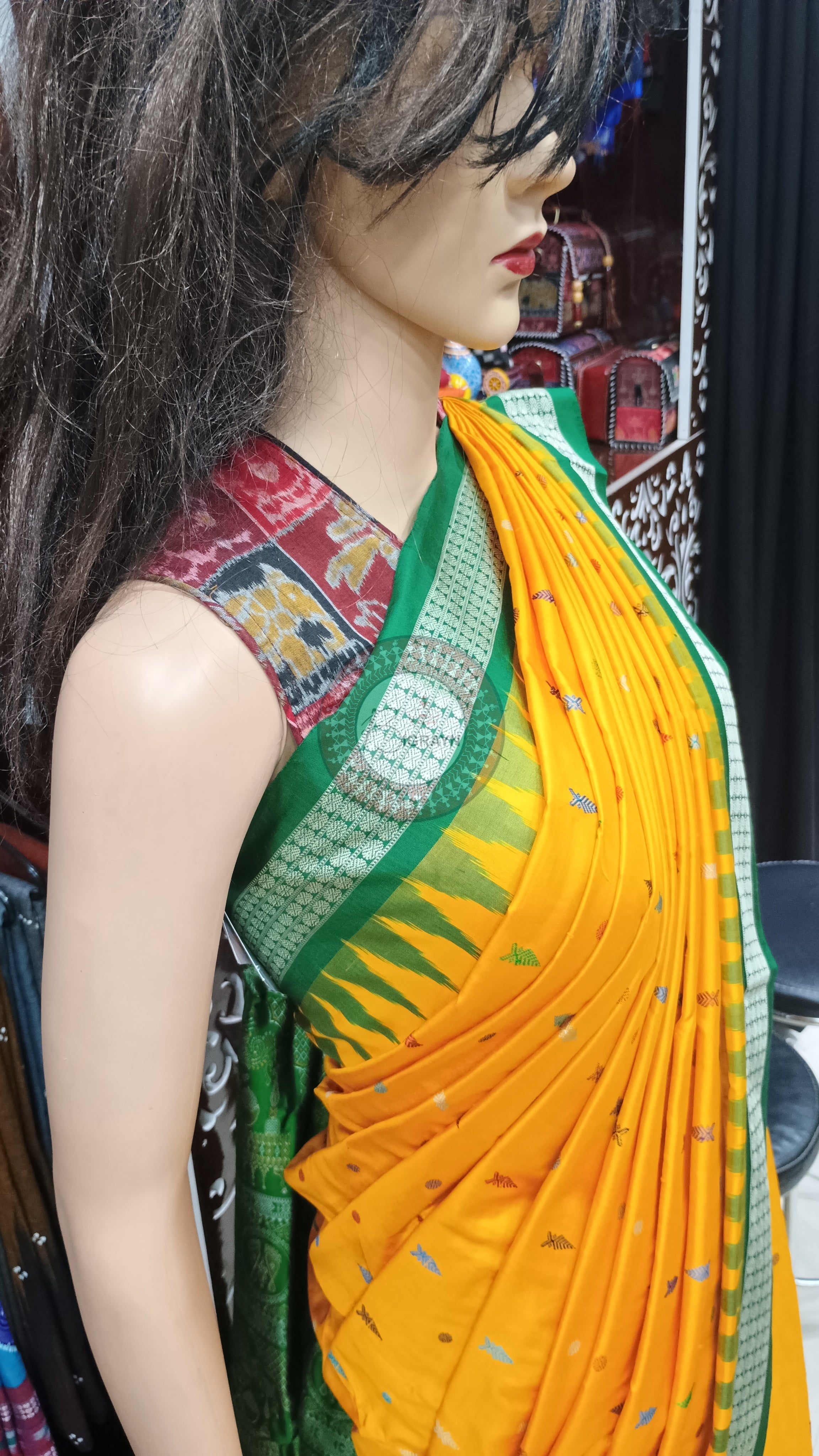 Yellow Green Fish Buti Bomkai Silk Saree