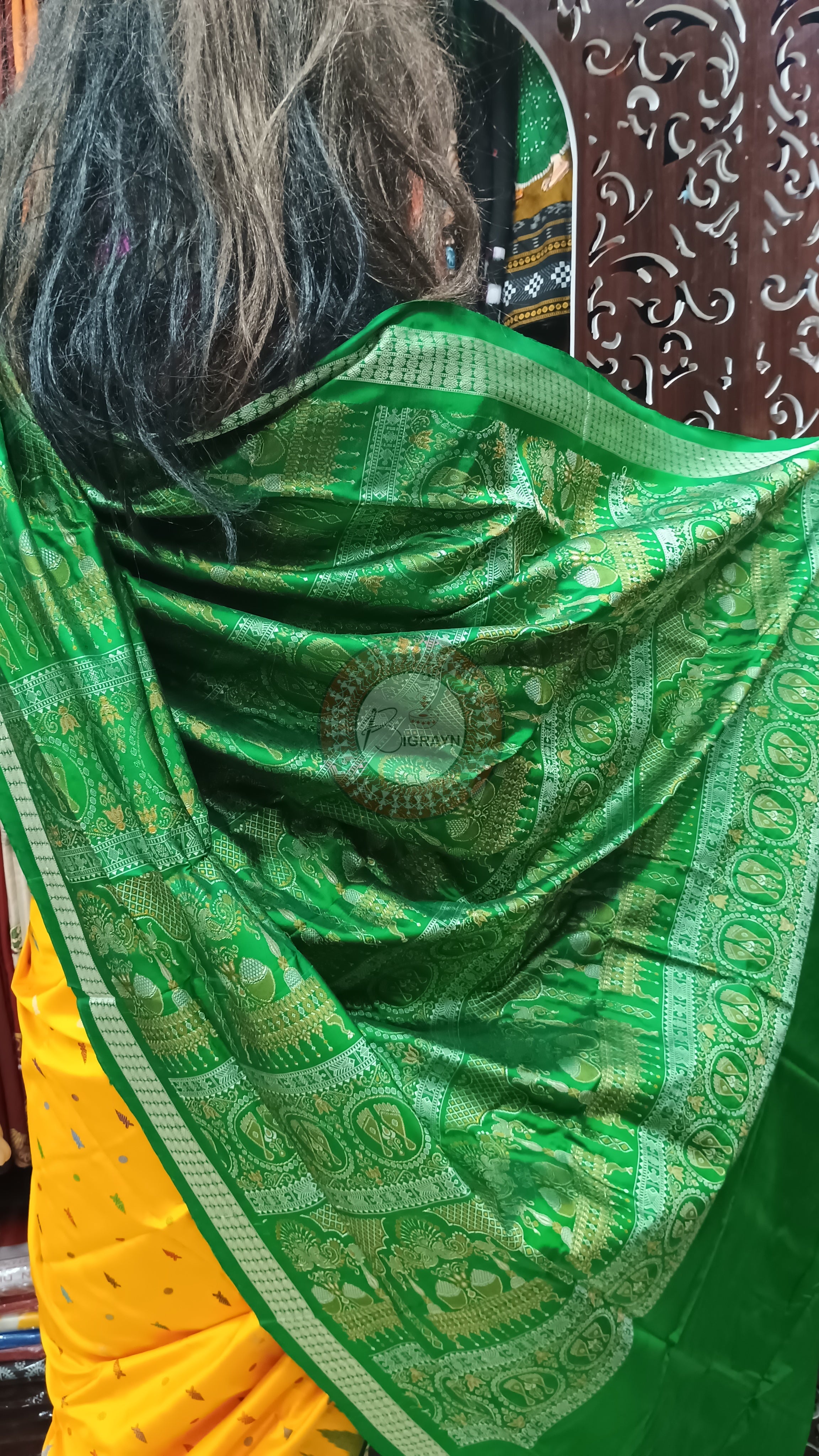 Yellow Green Fish Buti Bomkai Silk Saree