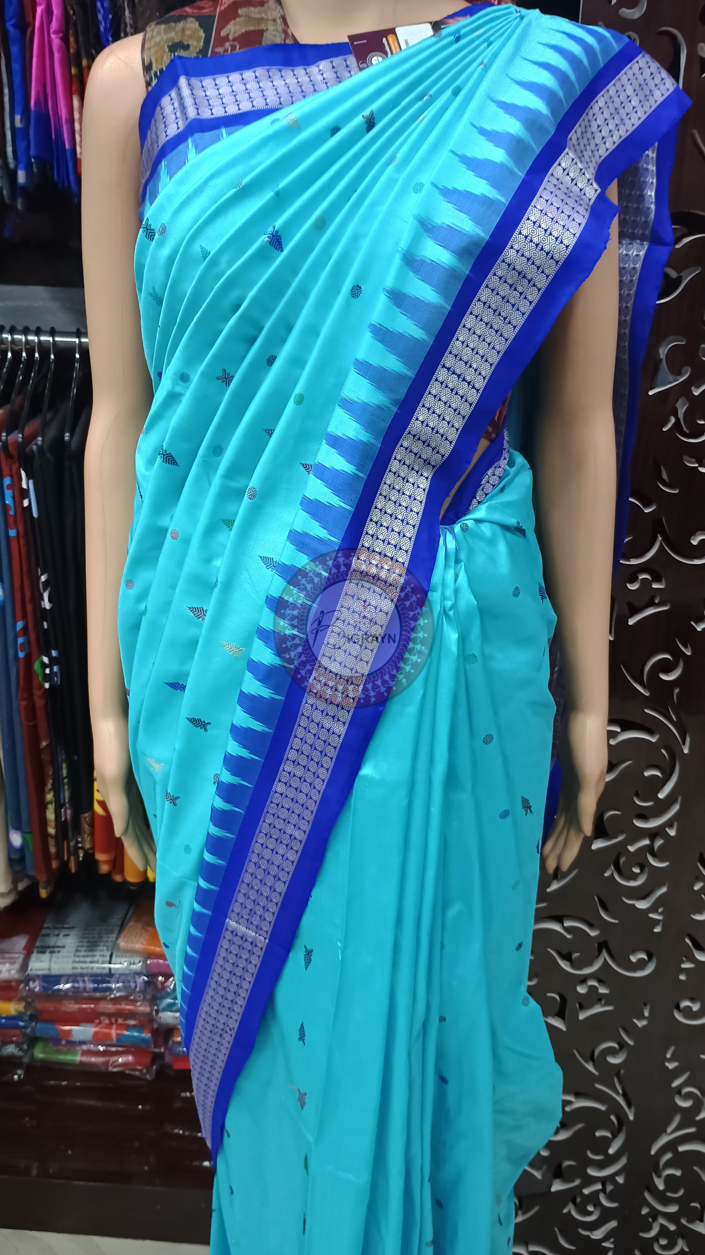 Sky Blue Blue Fish Buti Bomkai Silk Saree