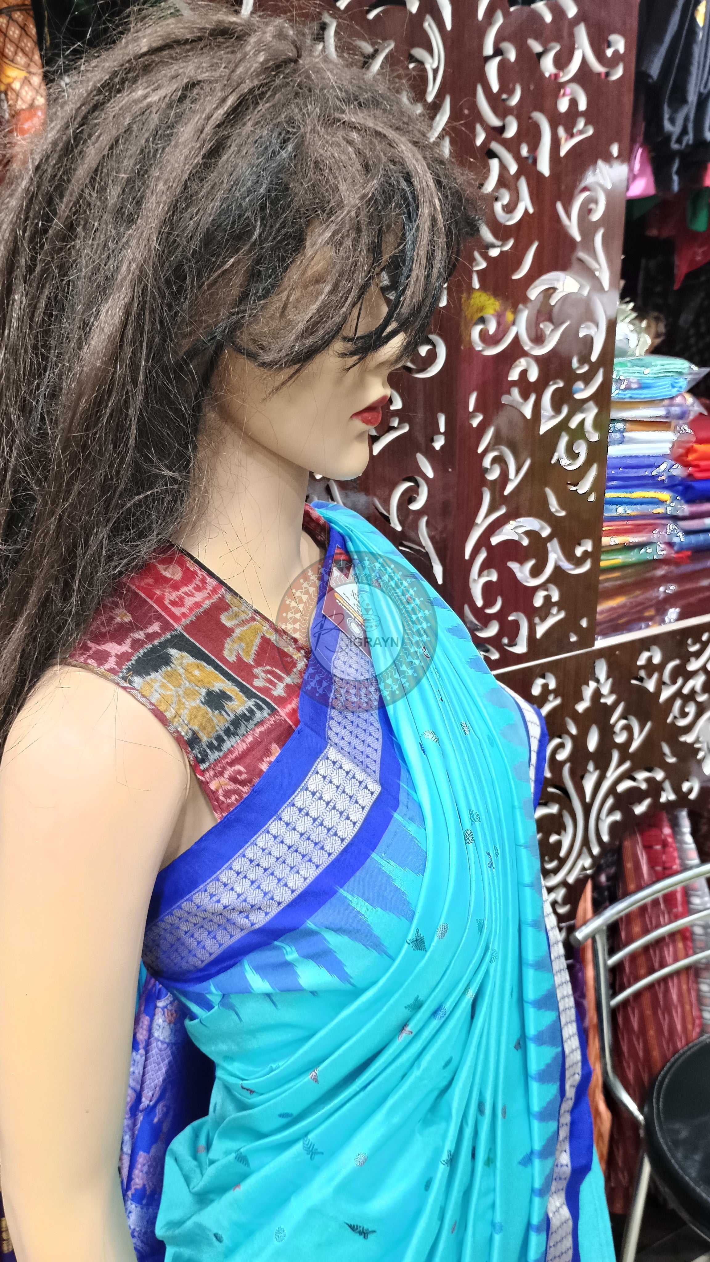 Sky Blue Blue Fish Buti Bomkai Silk Saree
