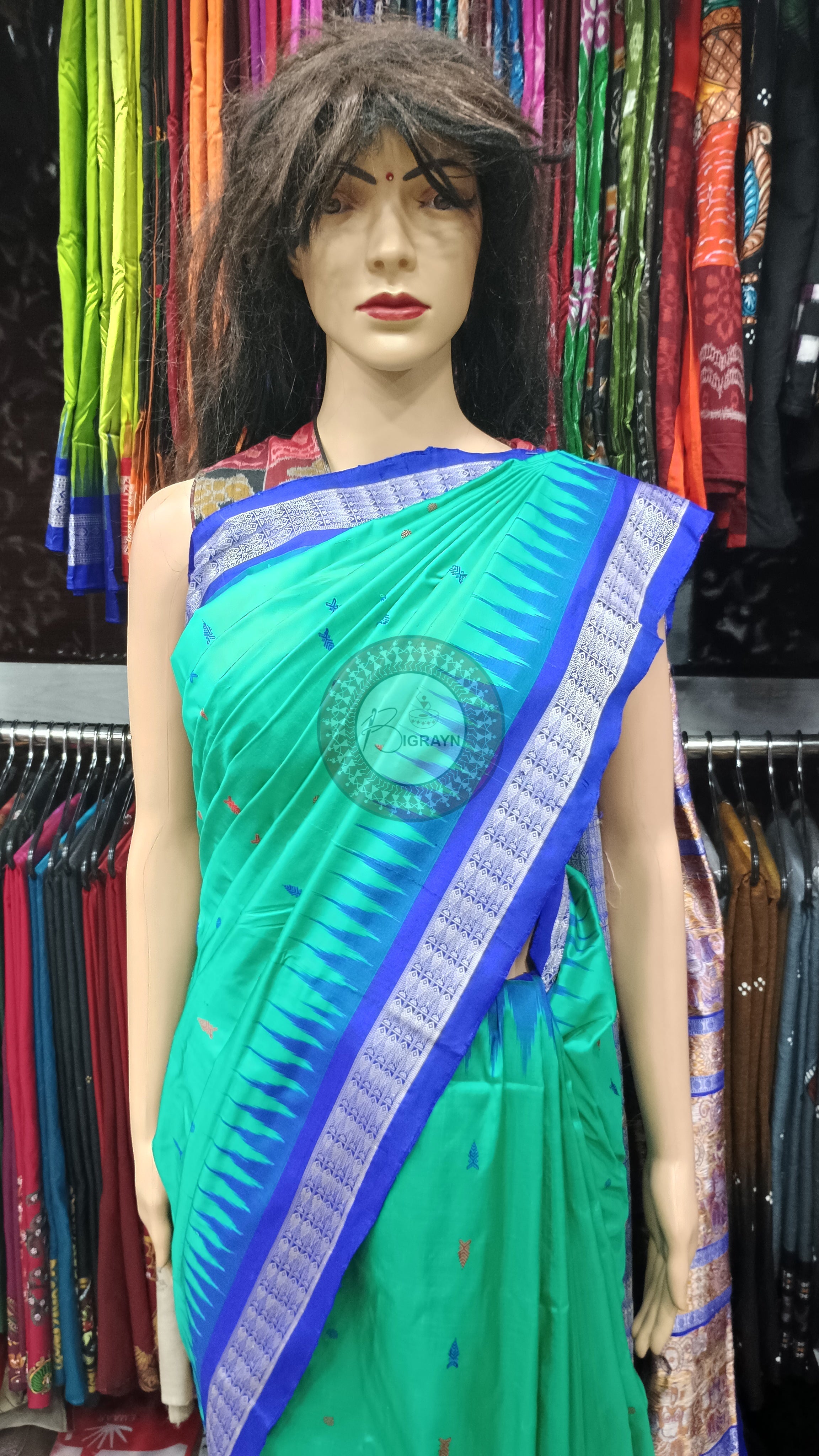 Sea Green Blue Fish Buti Bomkai Silk Saree