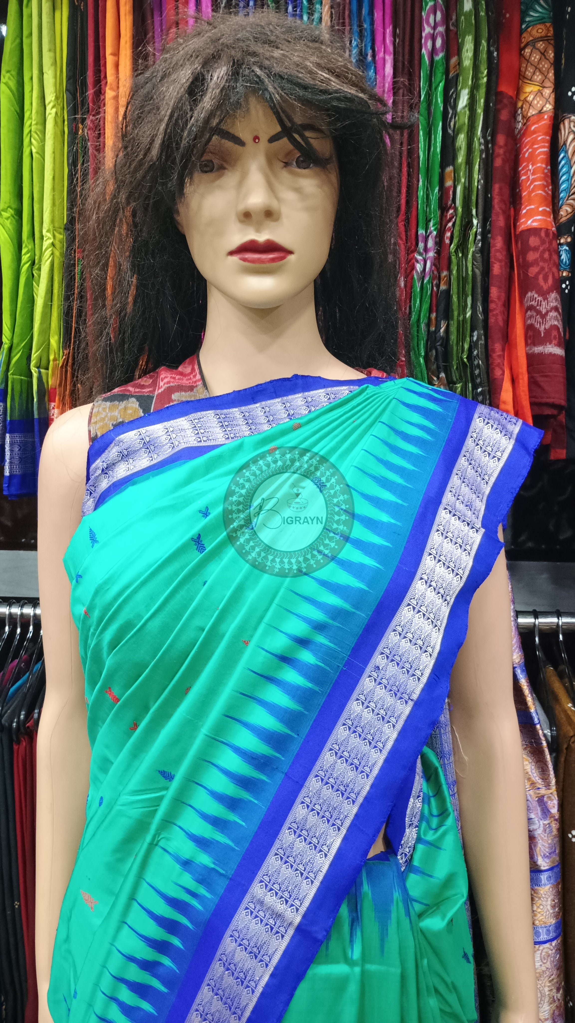 Sea Green Blue Fish Buti Bomkai Silk Saree