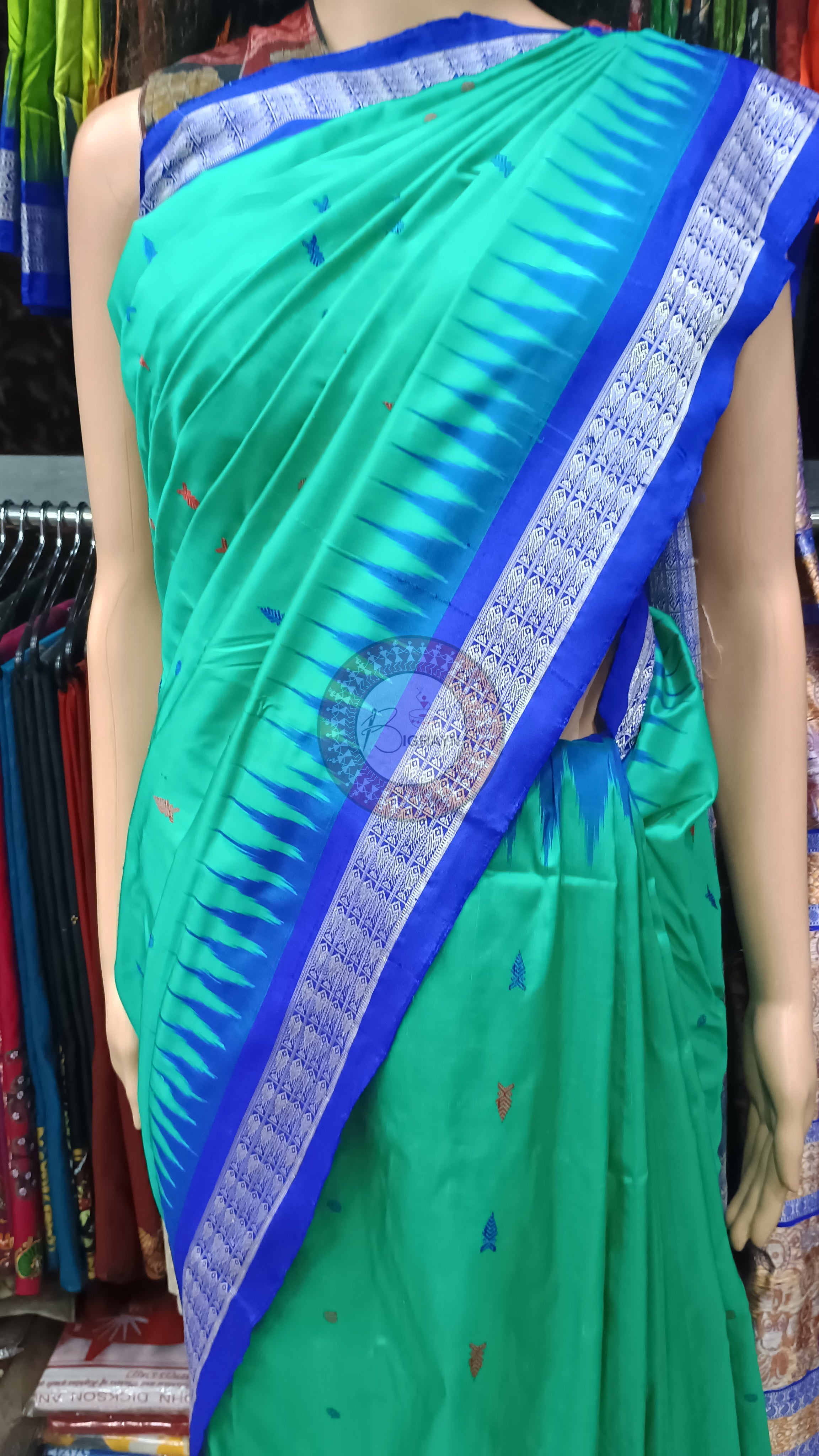 Sea Green Blue Fish Buti Bomkai Silk Saree