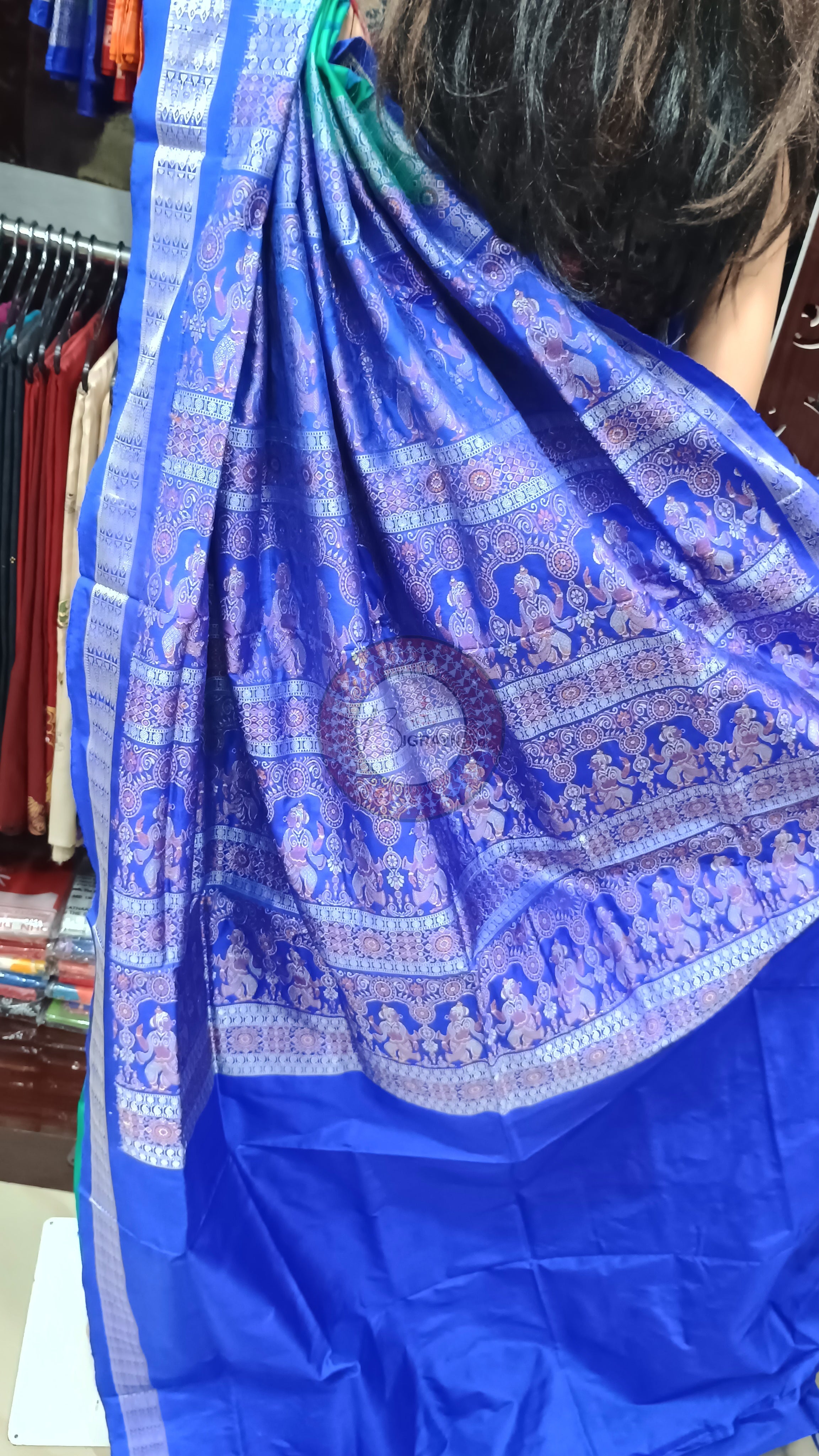 Sea Green Blue Fish Buti Bomkai Silk Saree