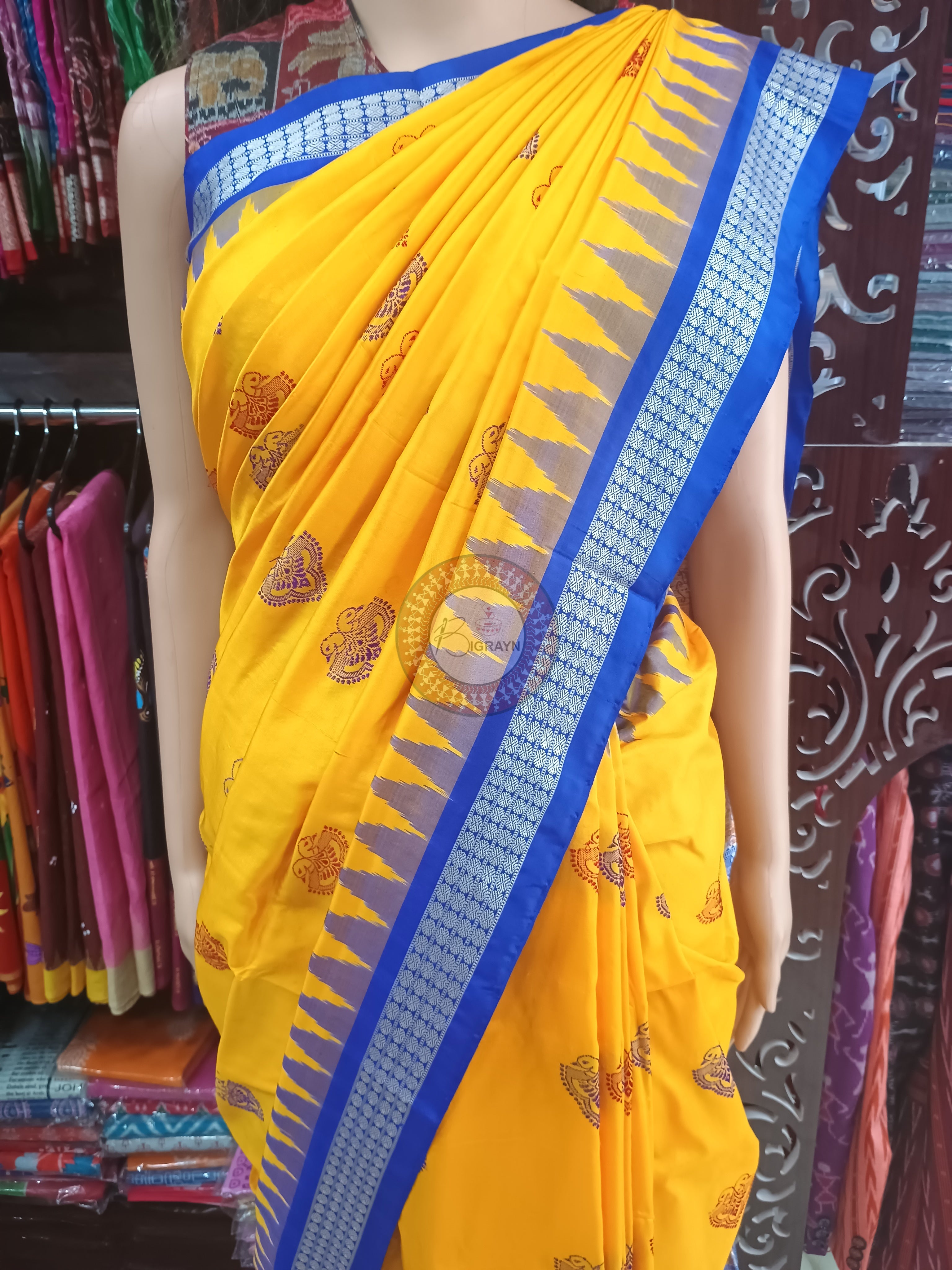 Yellow Blue Dual Peacock Head Bomkai Silk Saree