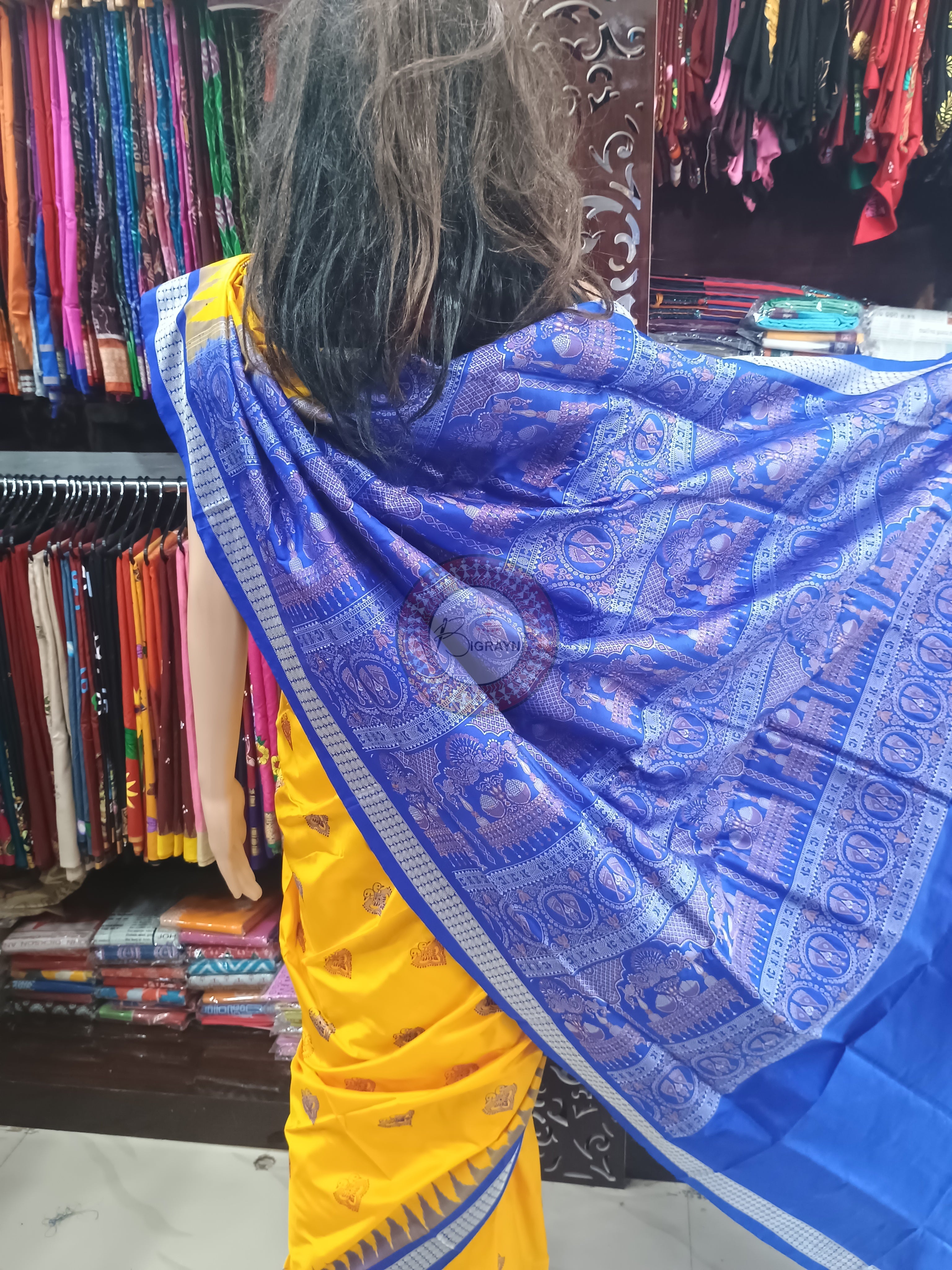 Yellow Blue Dual Peacock Head Bomkai Silk Saree