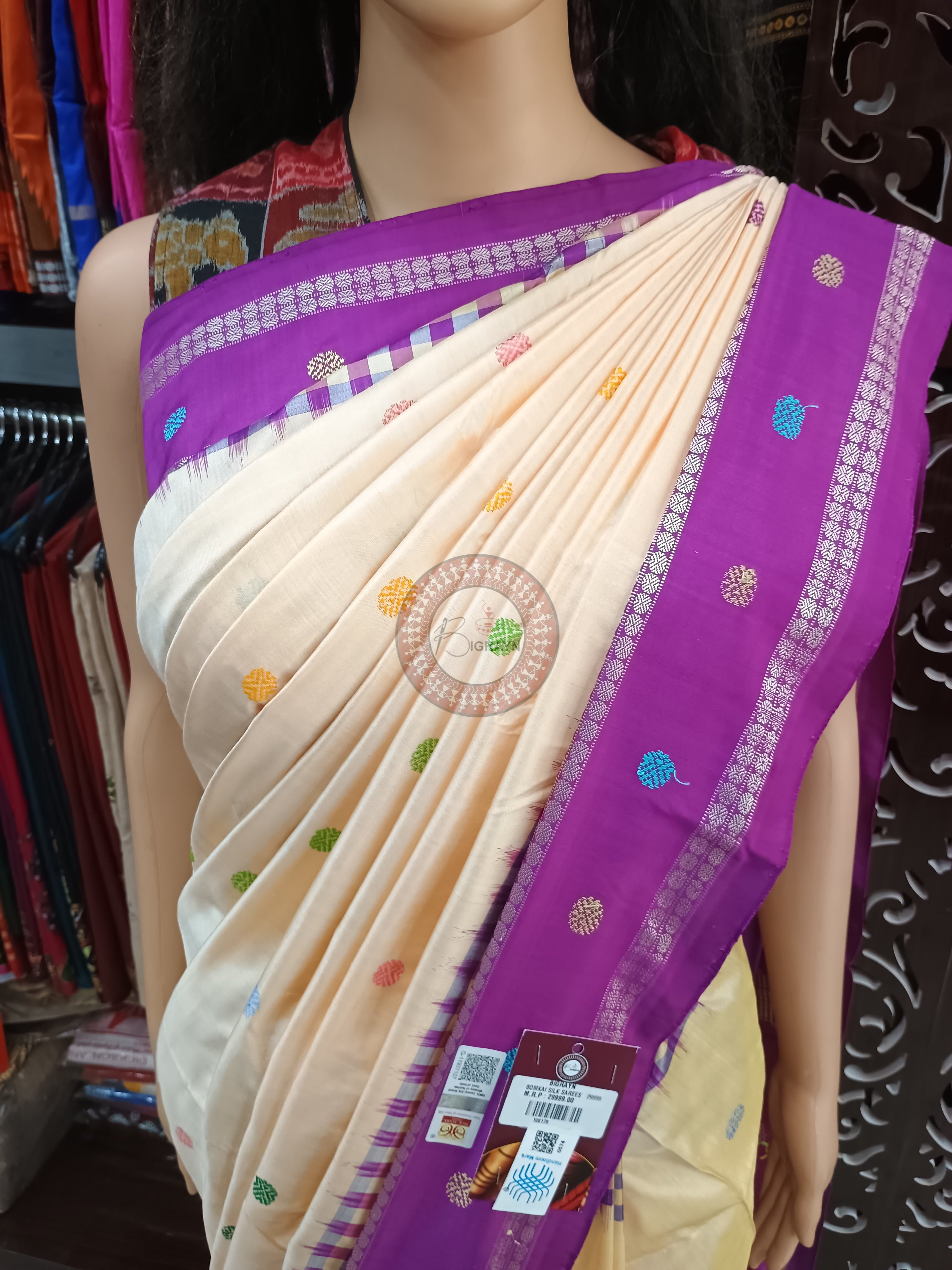 Off White Purple Boita Bomkai Silk Saree