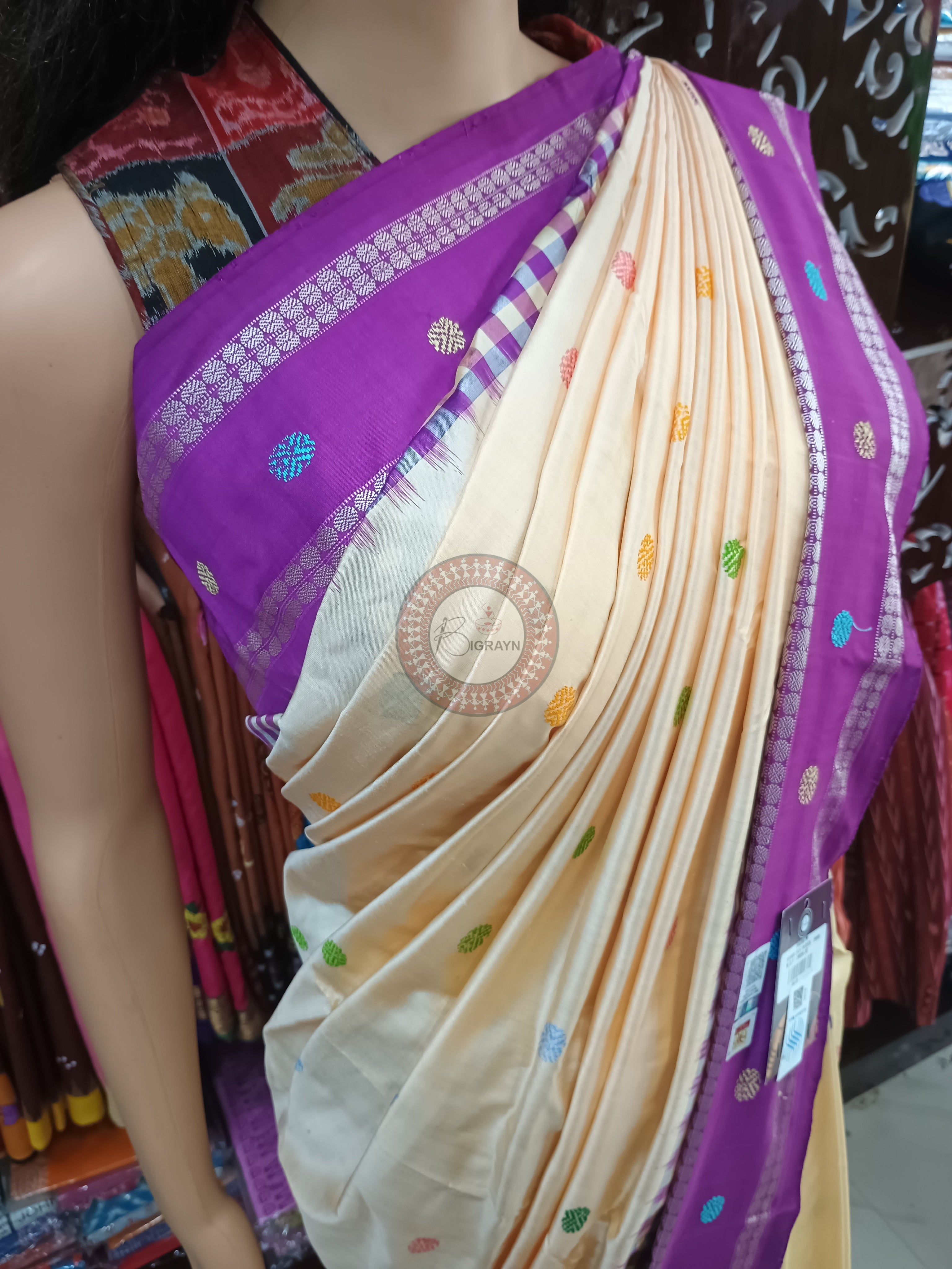 Off White Purple Boita Bomkai Silk Saree