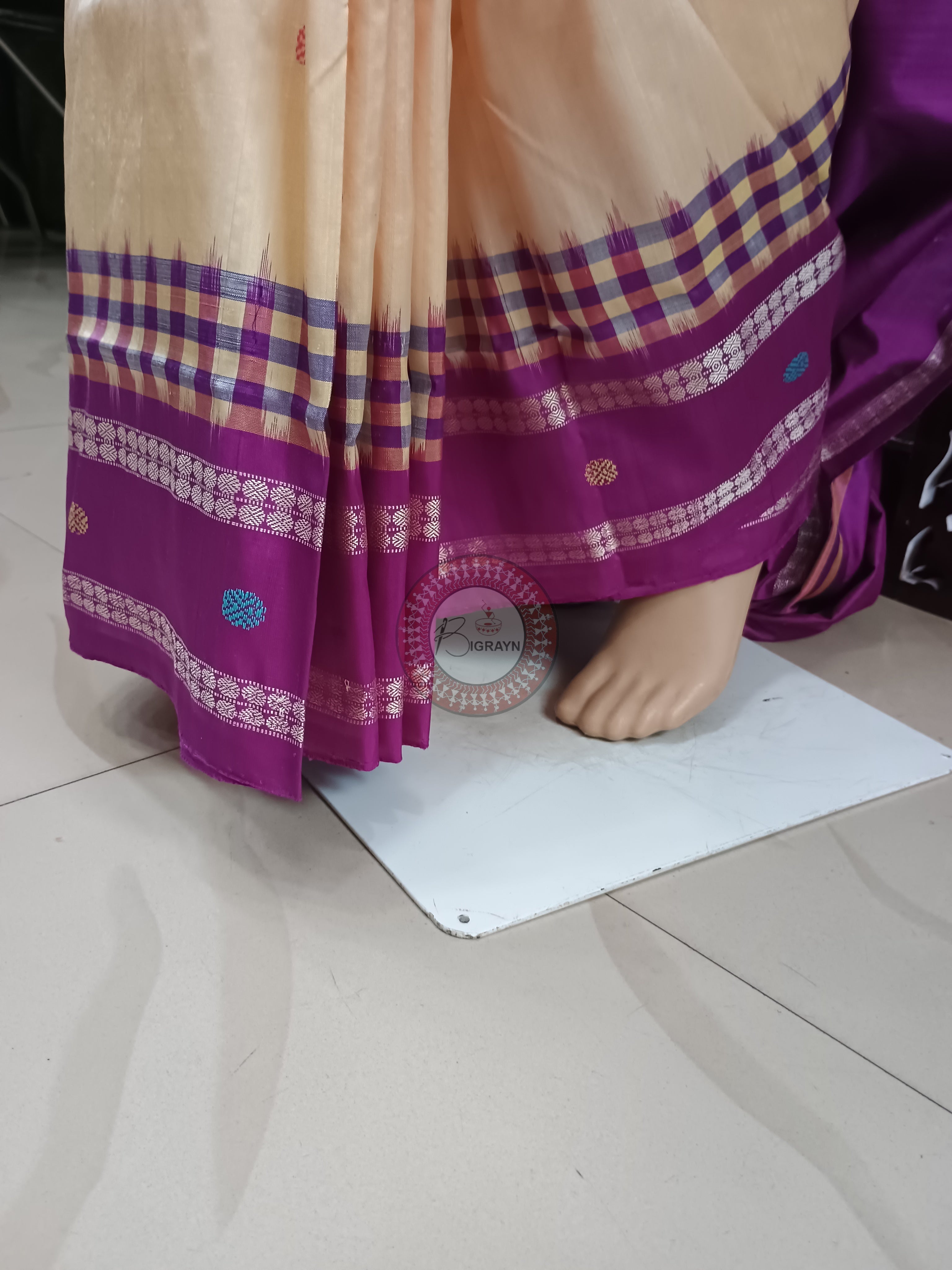Off White Purple Boita Bomkai Silk Saree
