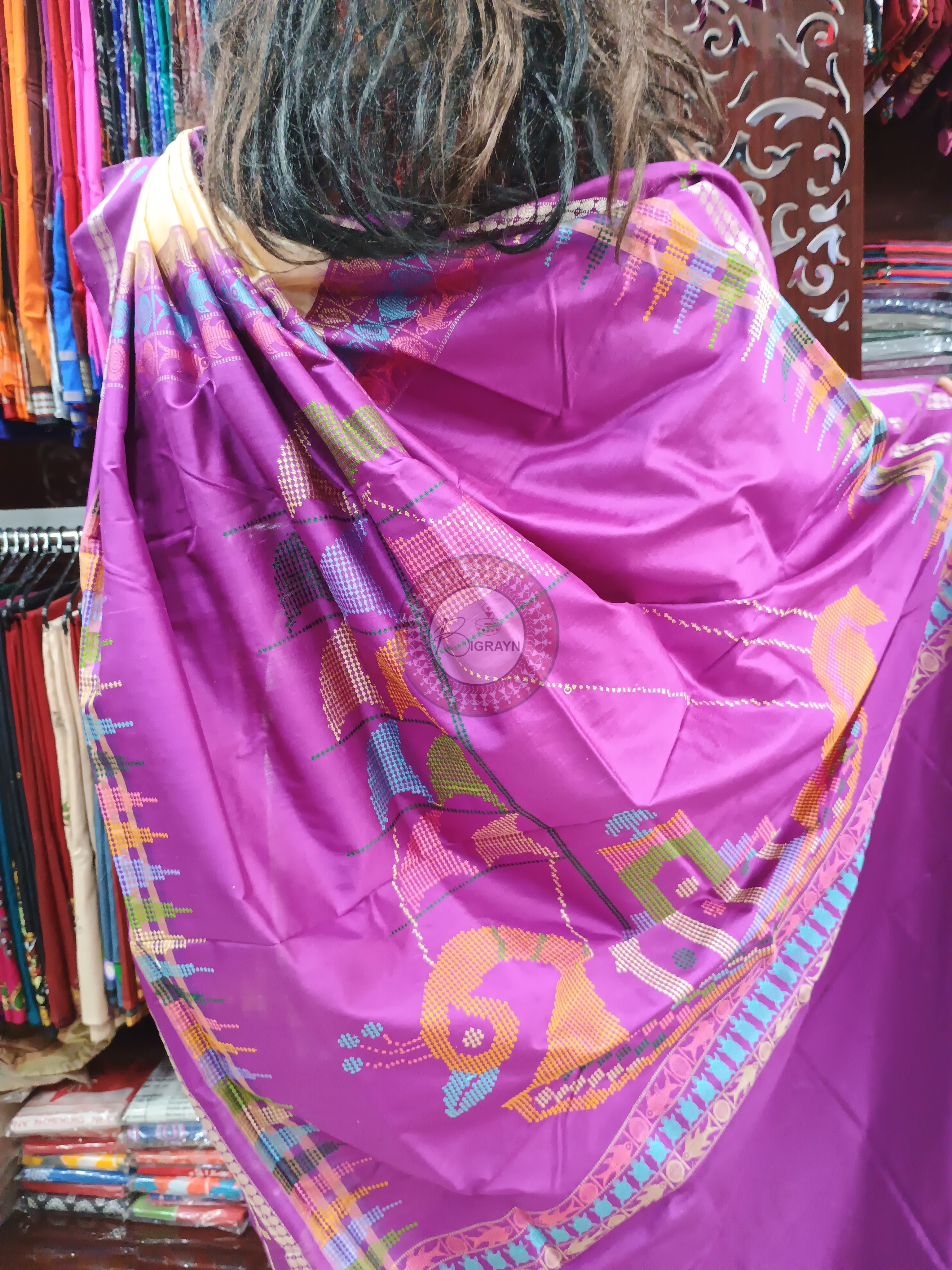 Off White Purple Boita Bomkai Silk Saree