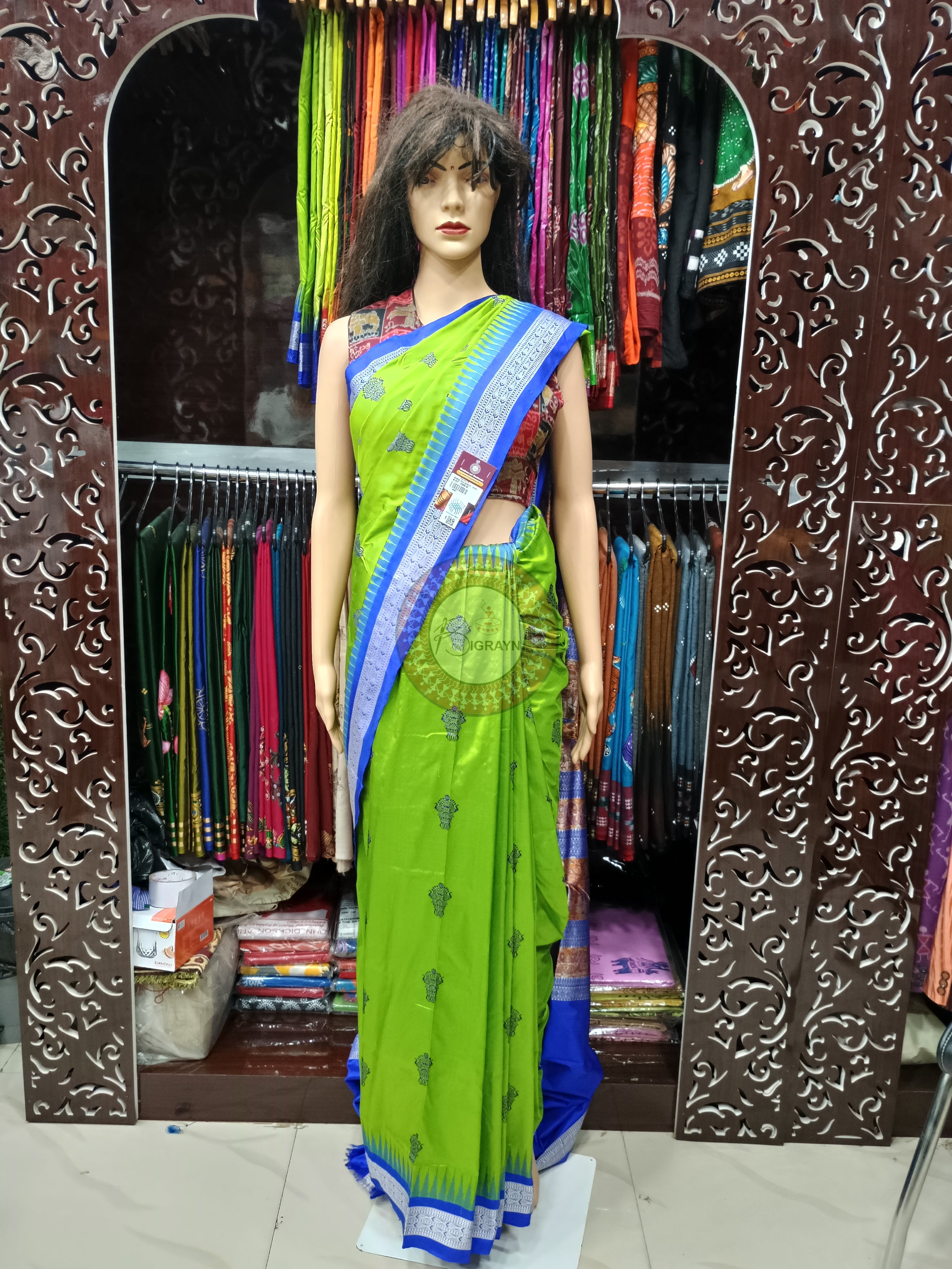 Neon Green Blue Dual Elephant Head Bomkai Silk Saree