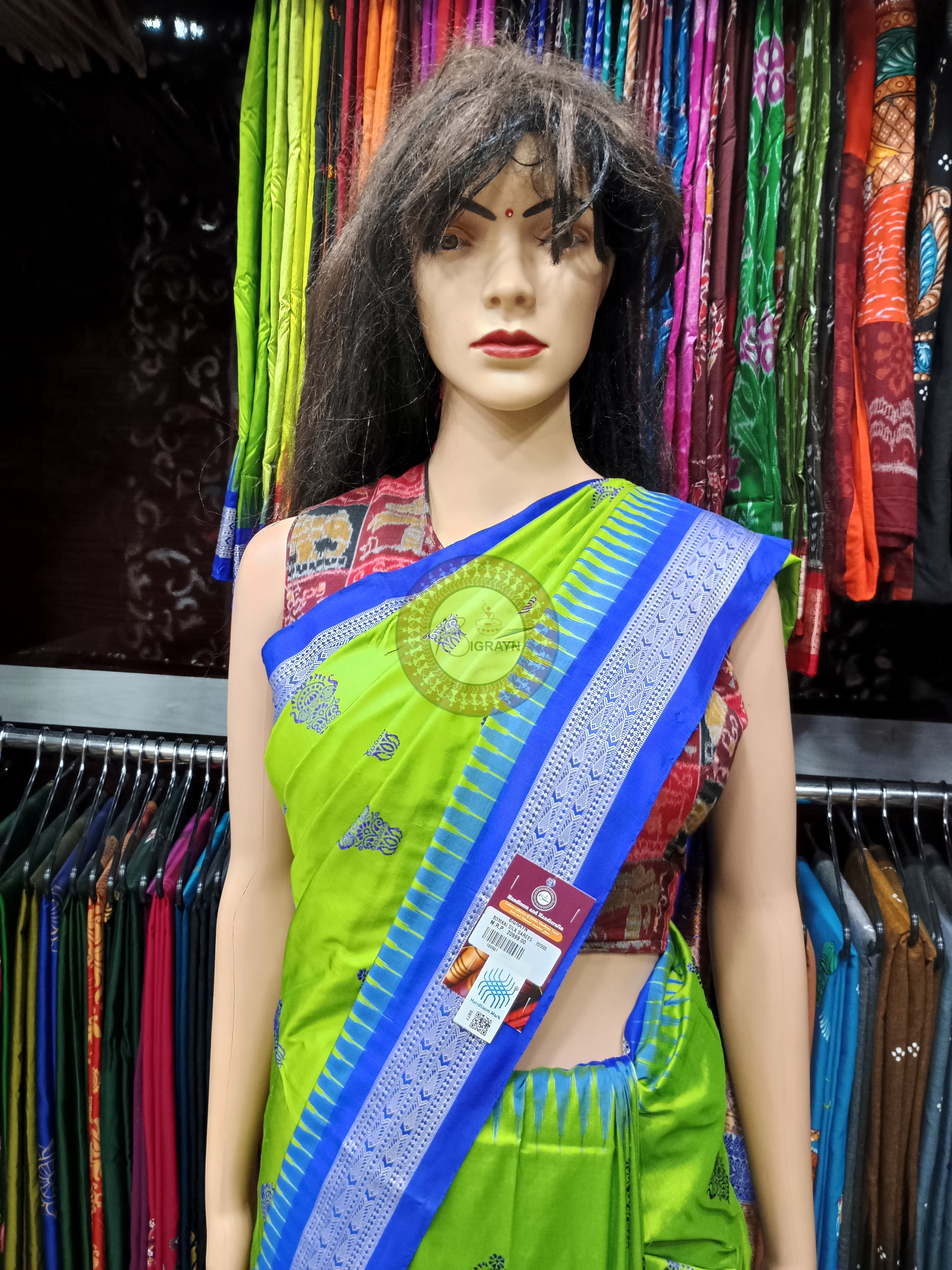 Neon Green Blue Dual Elephant Head Bomkai Silk Saree