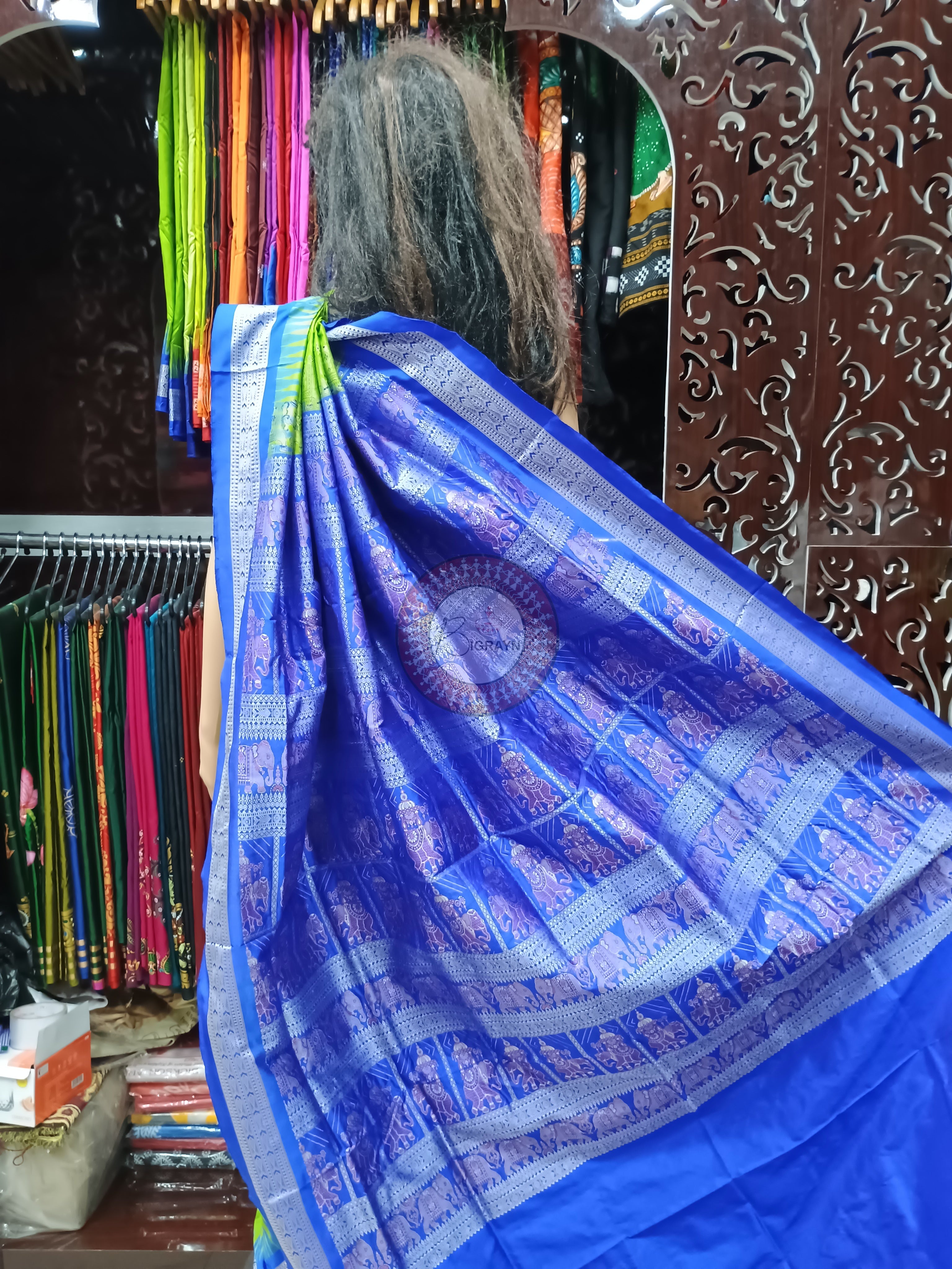 Neon Green Blue Dual Elephant Head Bomkai Silk Saree