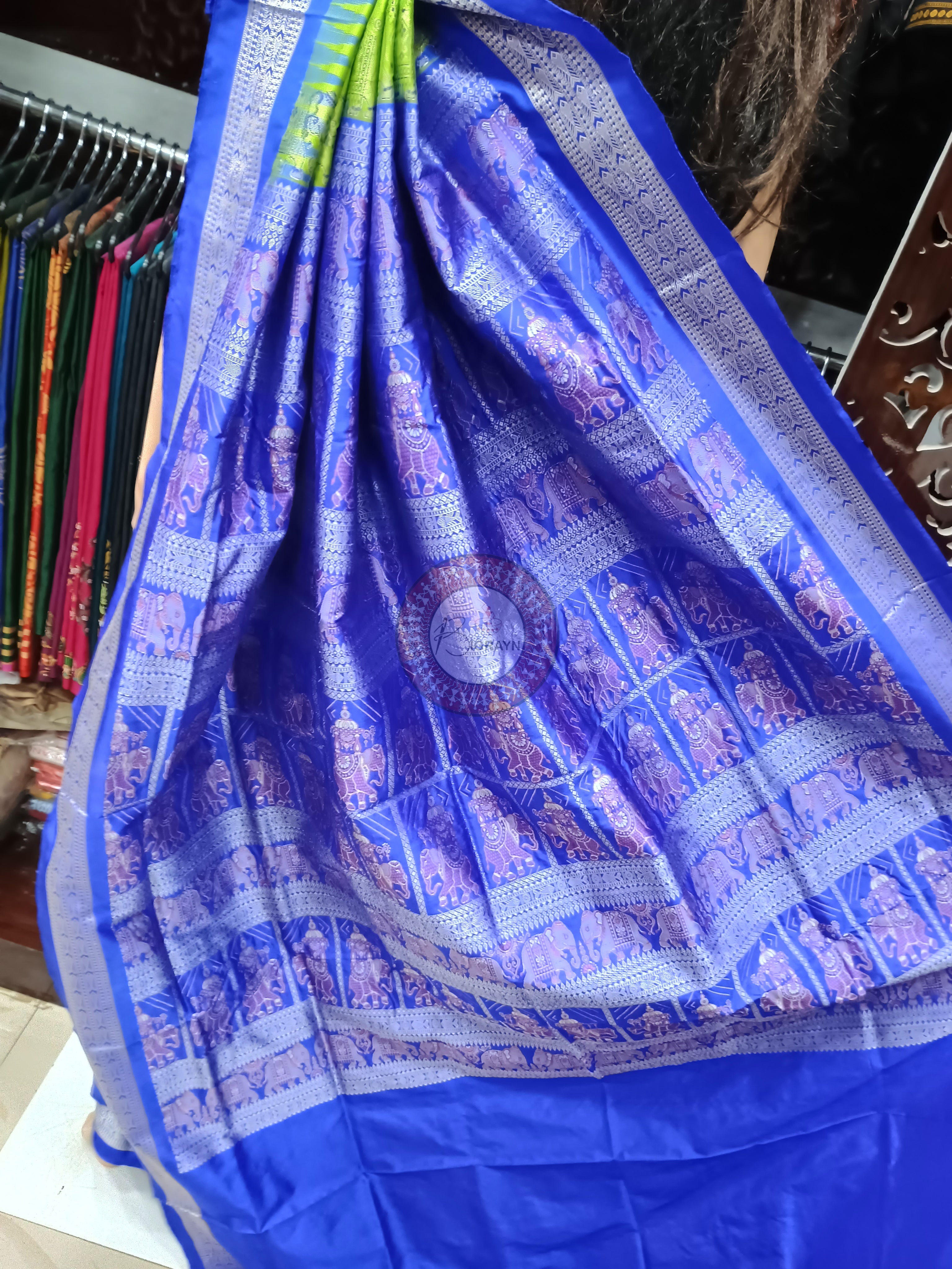 Neon Green Blue Dual Elephant Head Bomkai Silk Saree