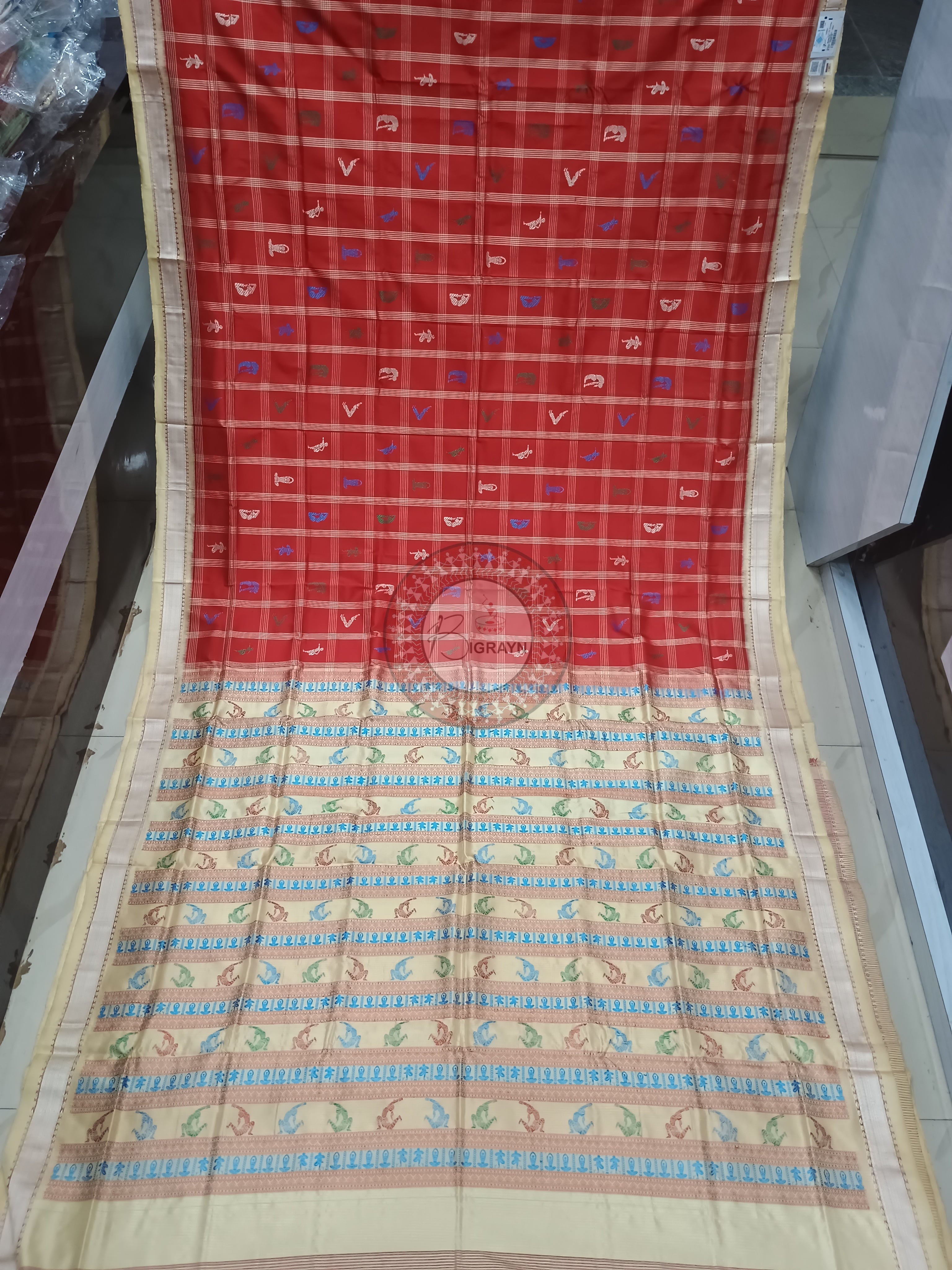 Red Cream Yoga Theme Odisha Handloom Bomkai Silk Saree