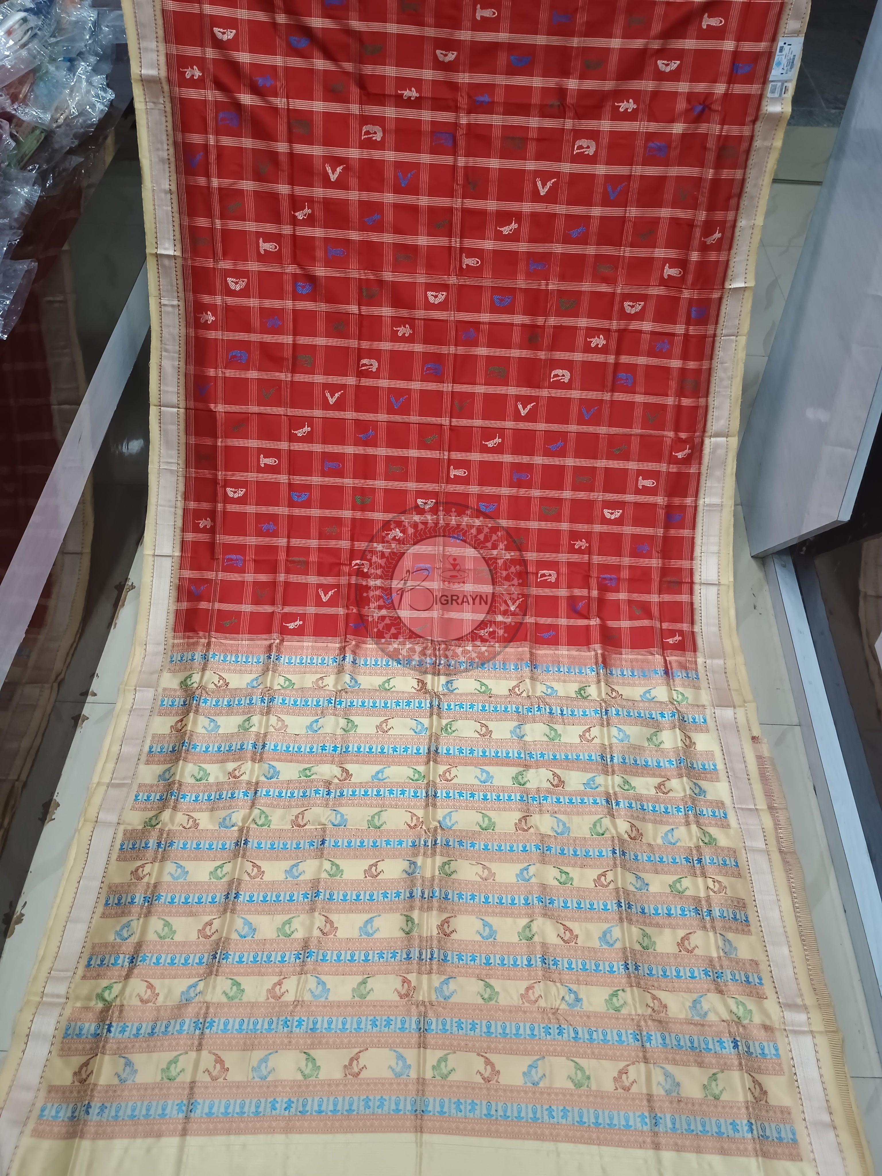 Red Cream Yoga Theme Odisha Handloom Bomkai Silk Saree