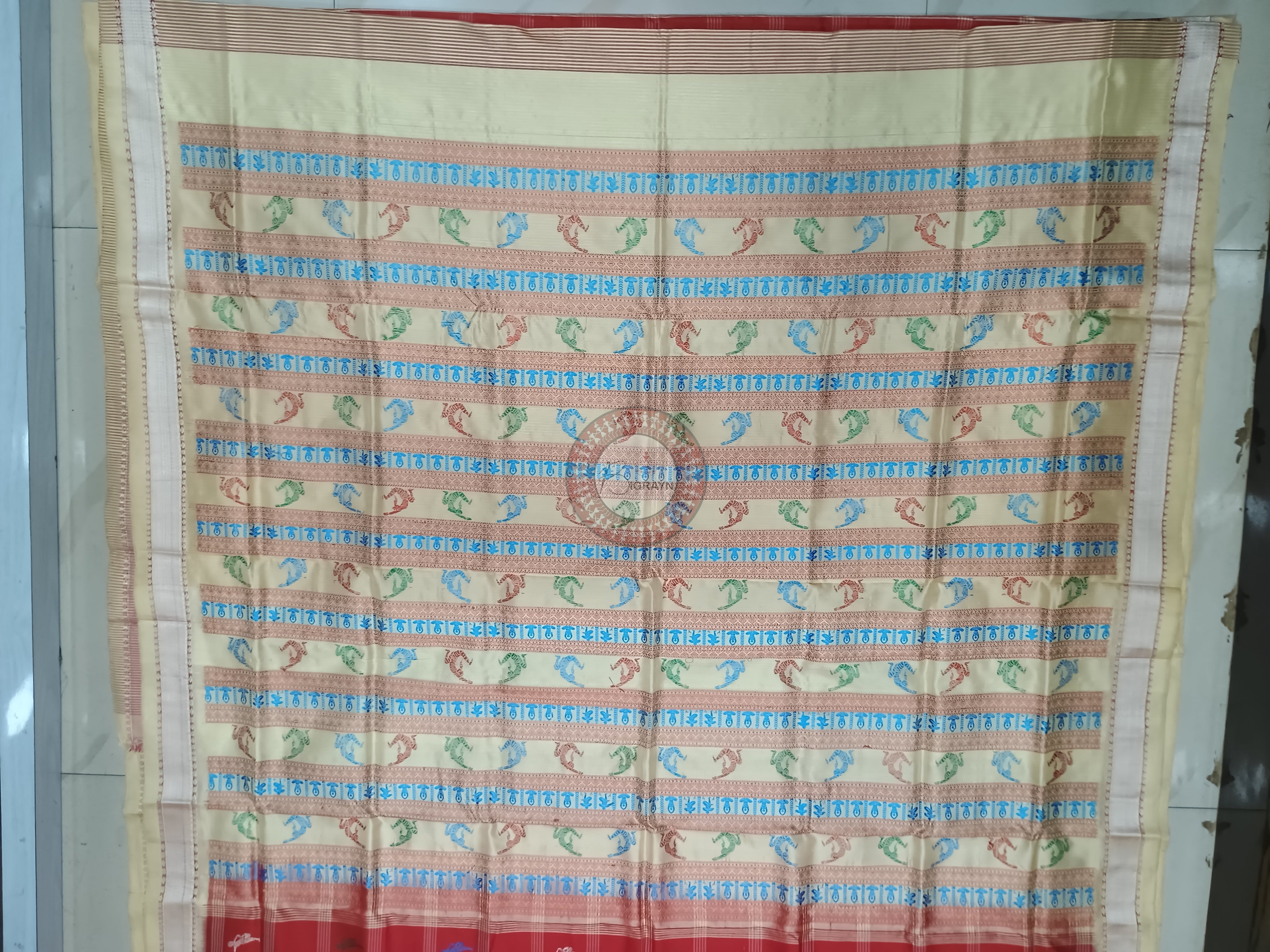 Red Cream Yoga Theme Odisha Handloom Bomkai Silk Saree