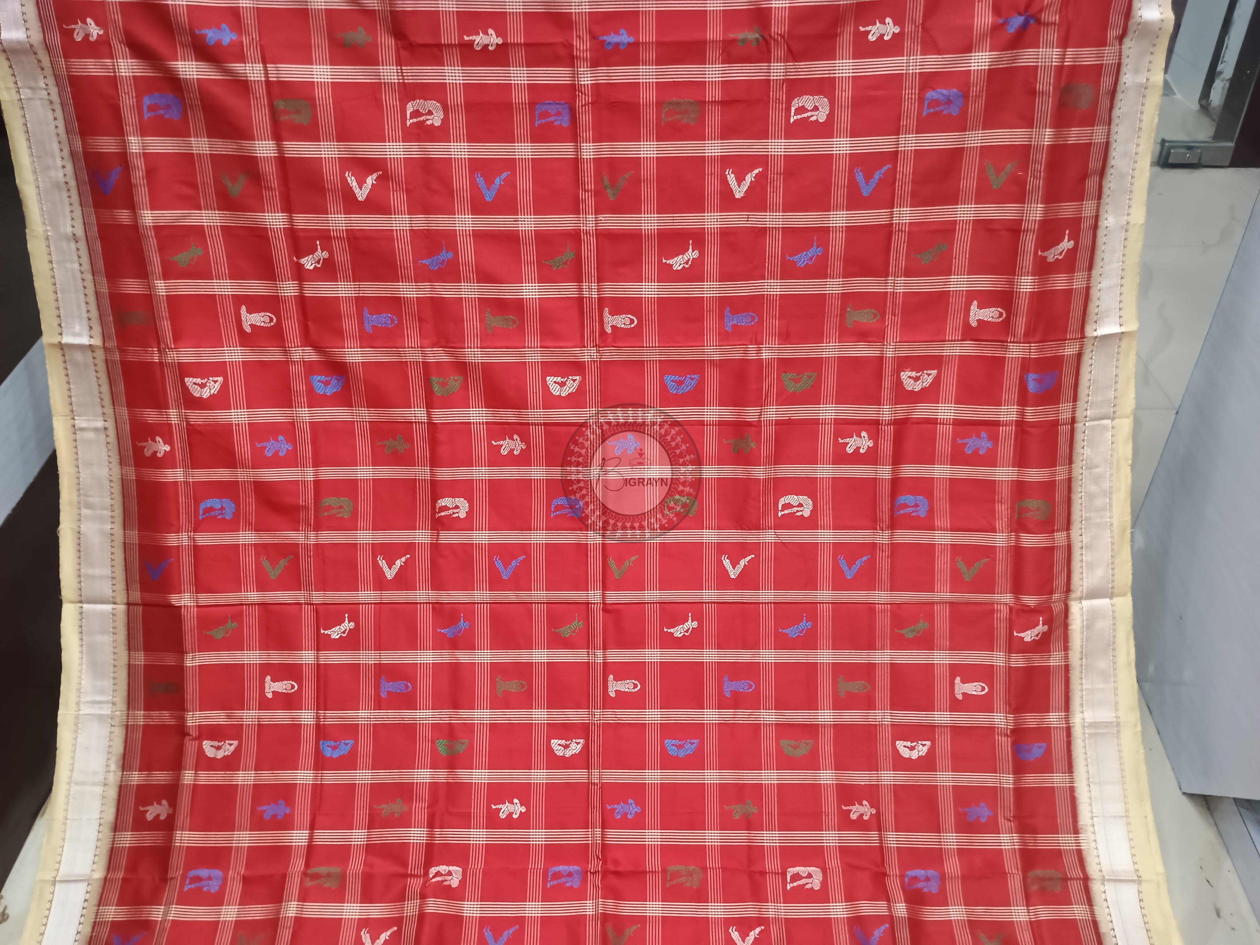 Red Cream Yoga Theme Odisha Handloom Bomkai Silk Saree