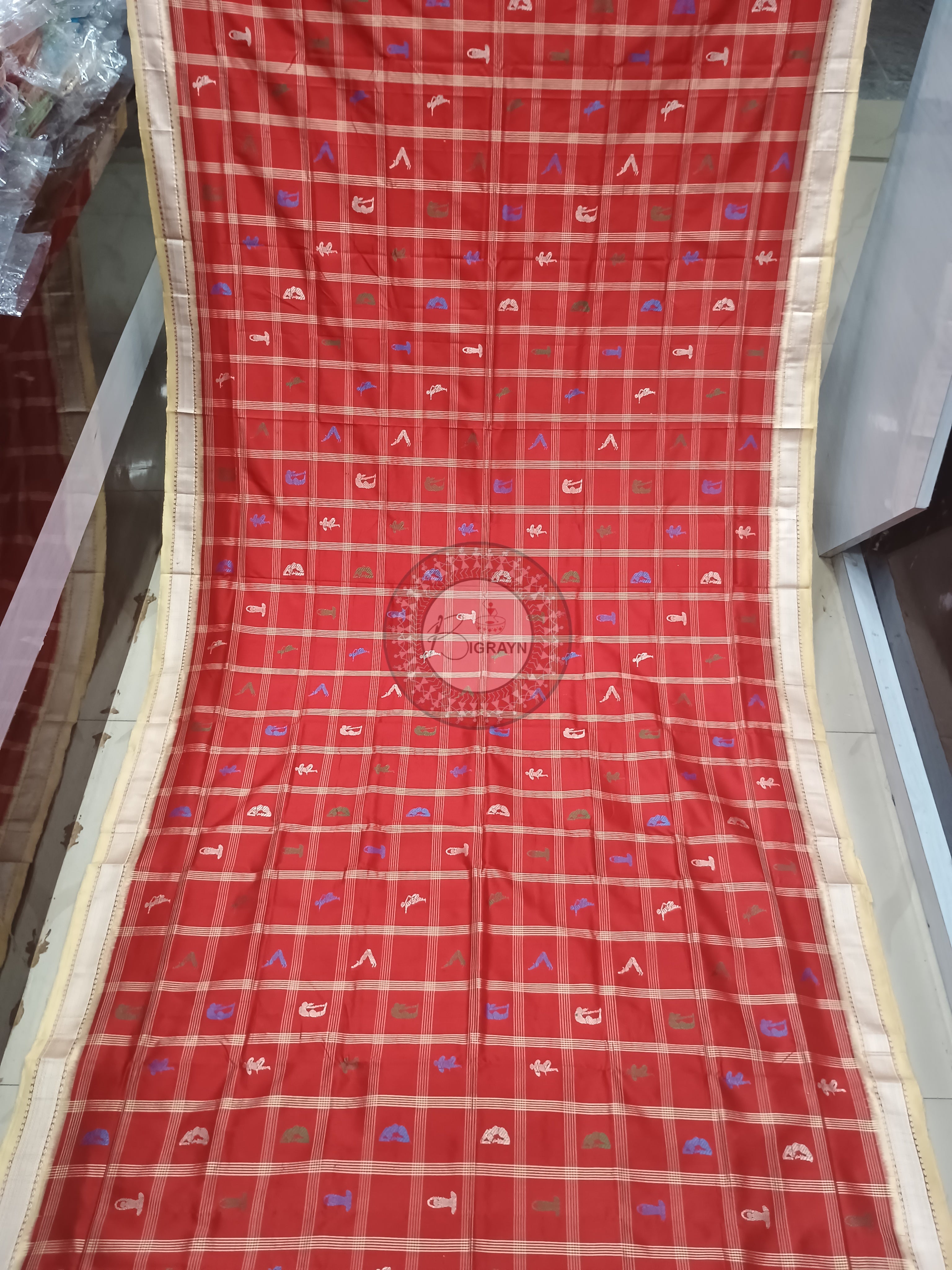 Red Cream Yoga Theme Odisha Handloom Bomkai Silk Saree