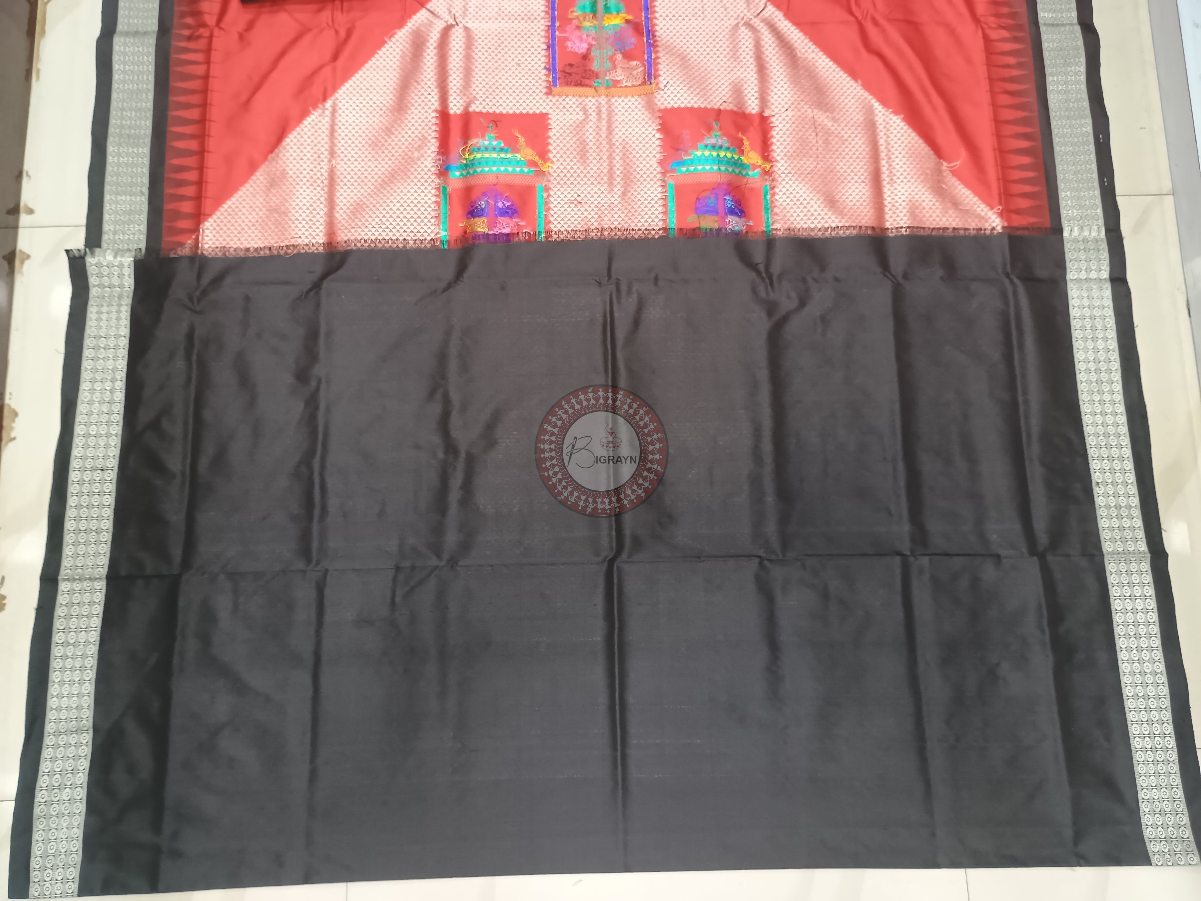 Red Black Panjuri Bomkai Silk Saree