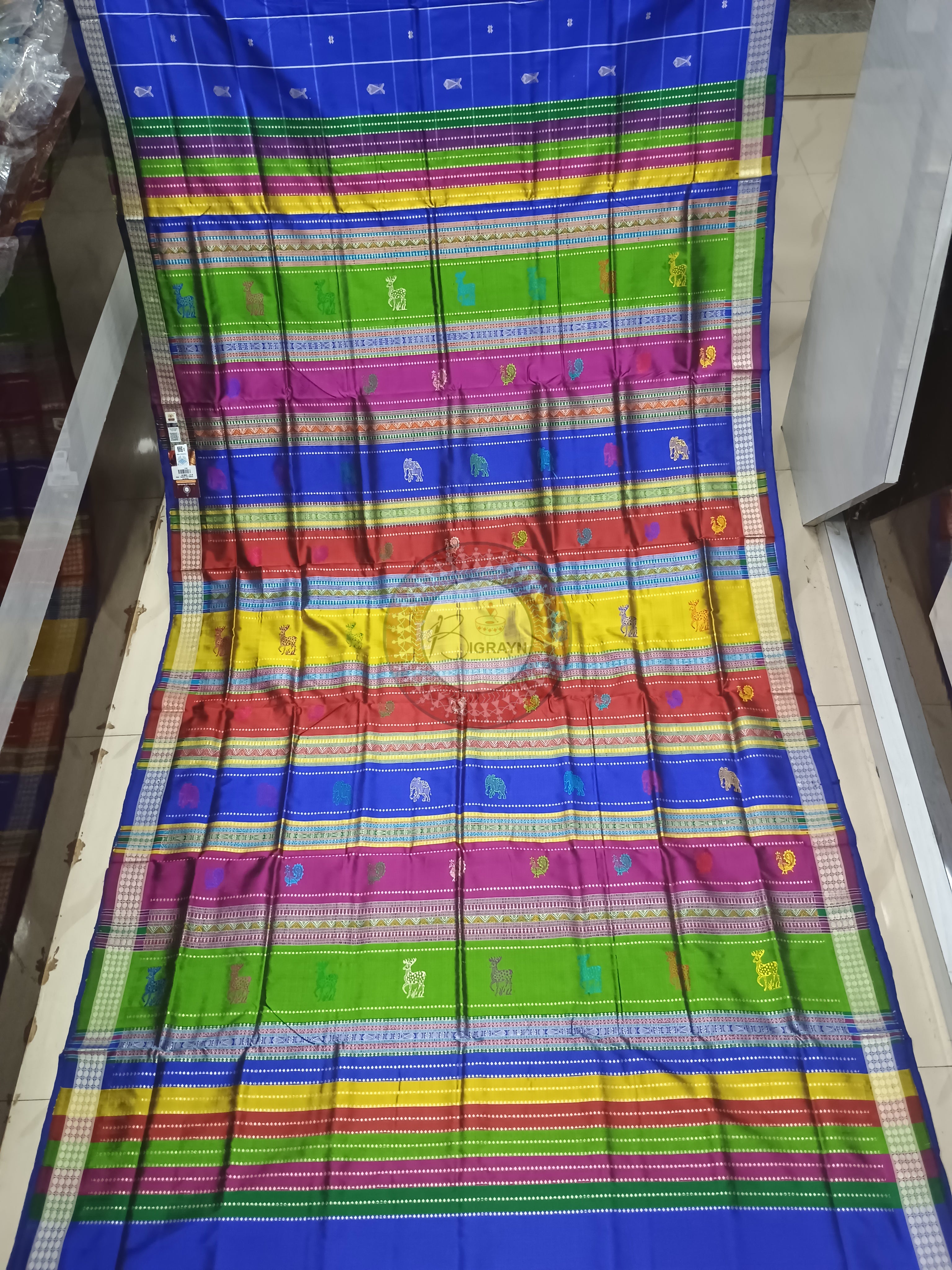 Blue Multi Colour Dual Anchal Bomkai Silk Saree