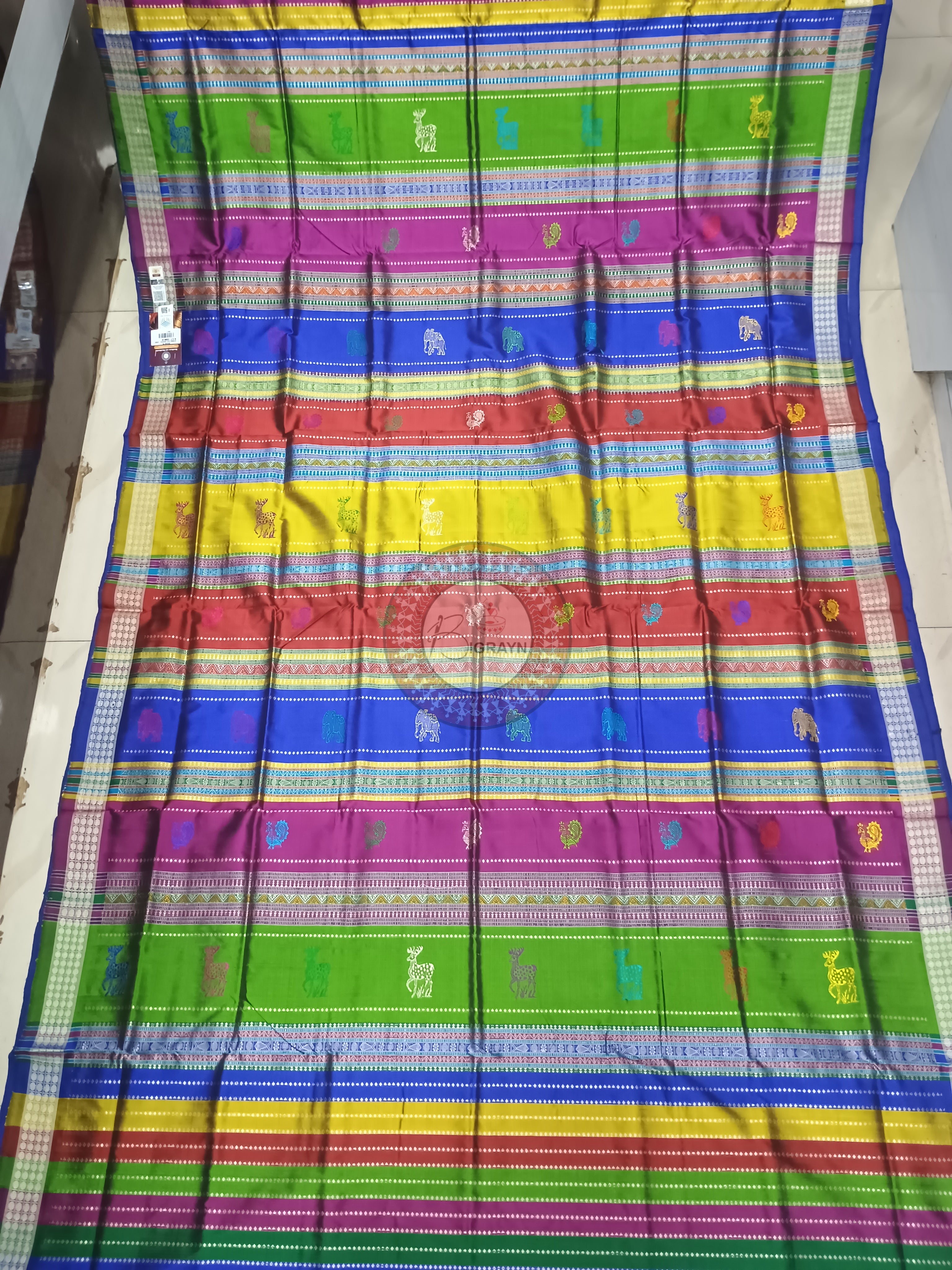 Blue Multi Colour Dual Anchal Bomkai Silk Saree