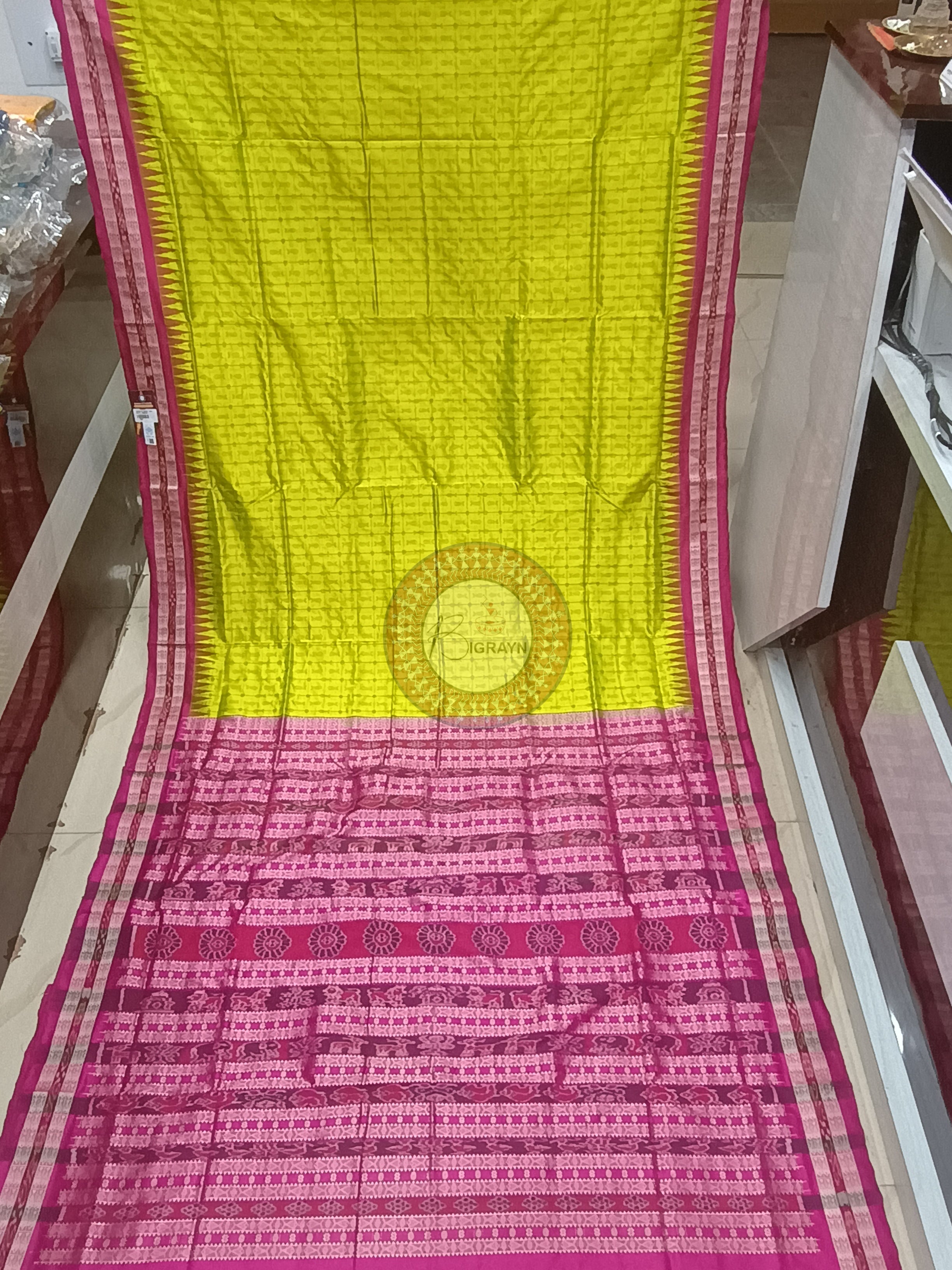 Neon Green Magenta Hazar Buti Bomkai Silk Saree
